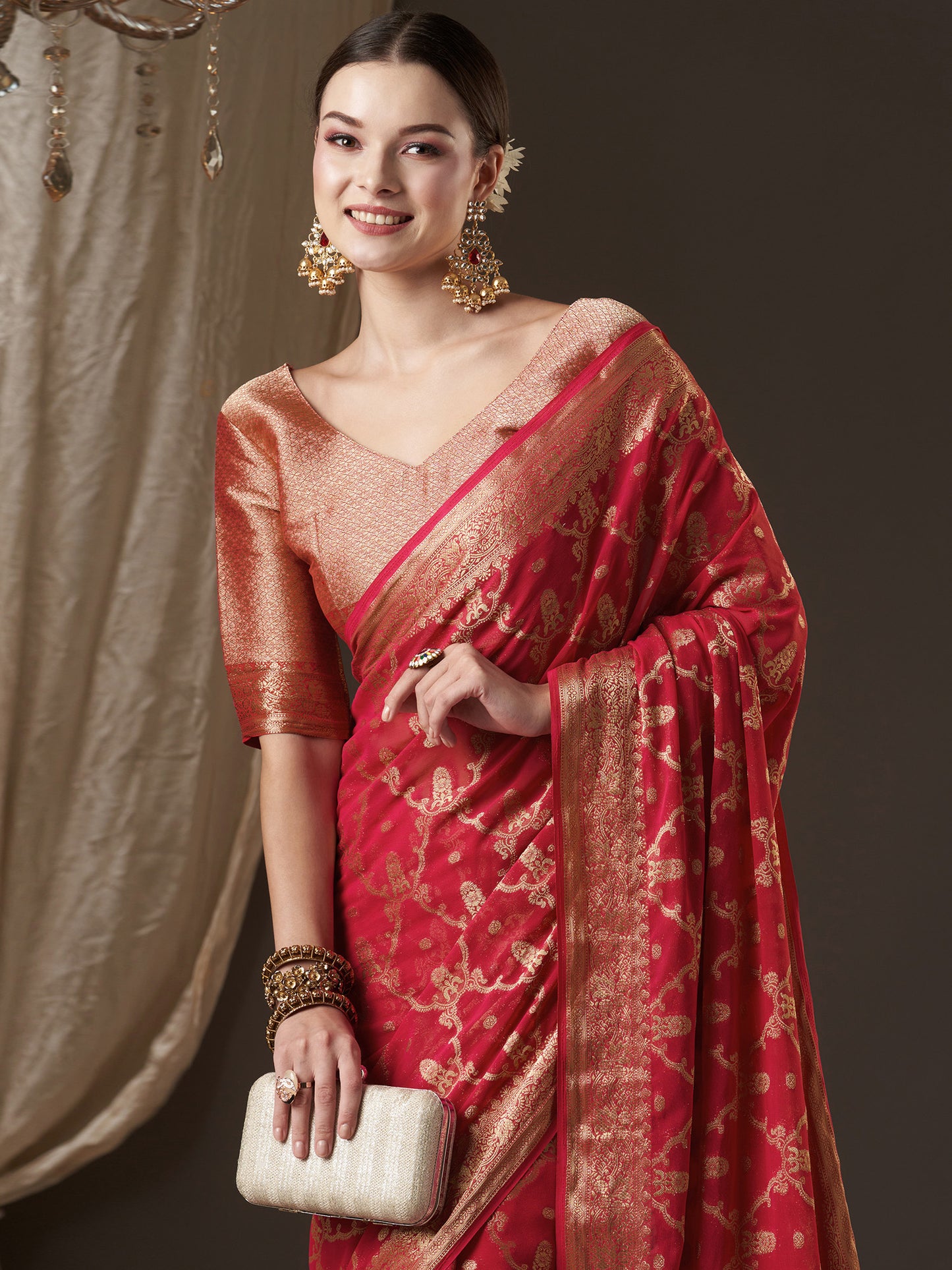 Women's Georgette Red Woven Design Designer Saree With Blouse Piece