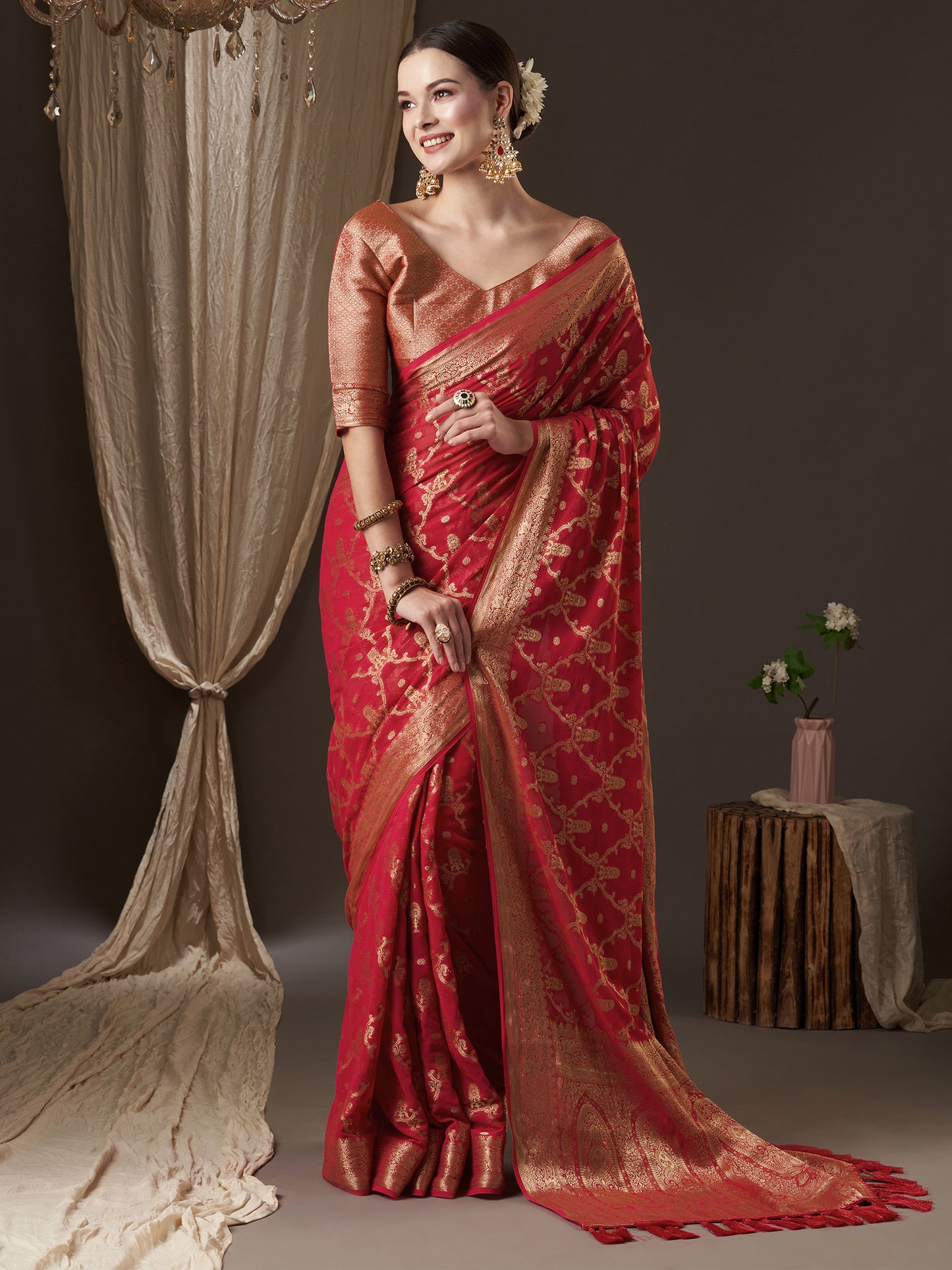 Women's Georgette Red Woven Design Designer Saree With Blouse Piece