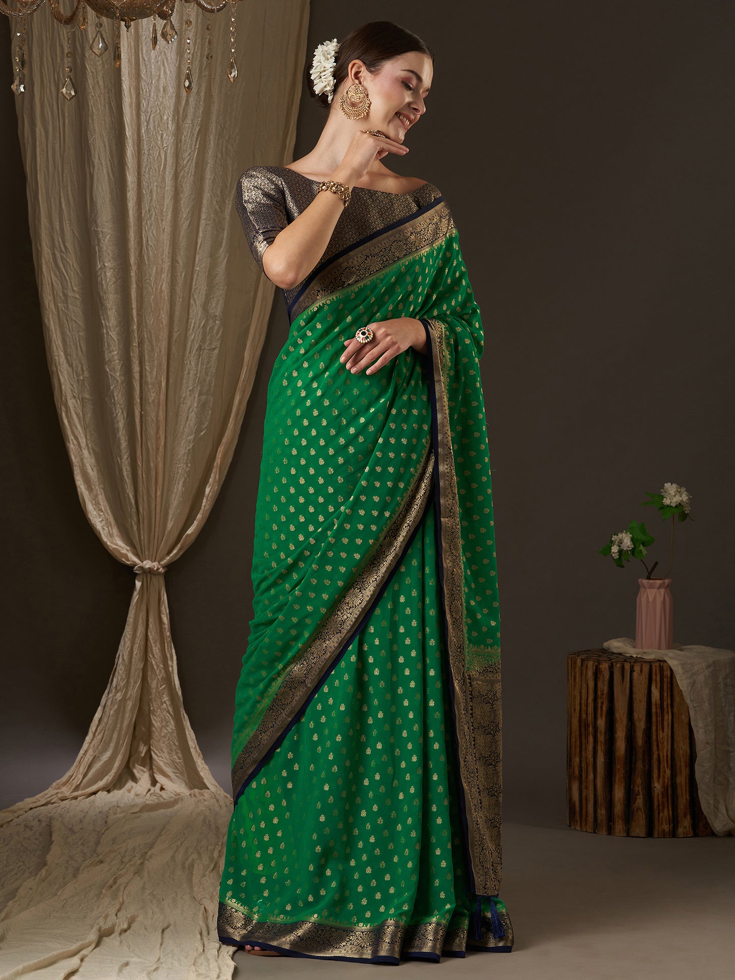 Women's Georgette Green Woven Design Designer Saree With Blouse Piece