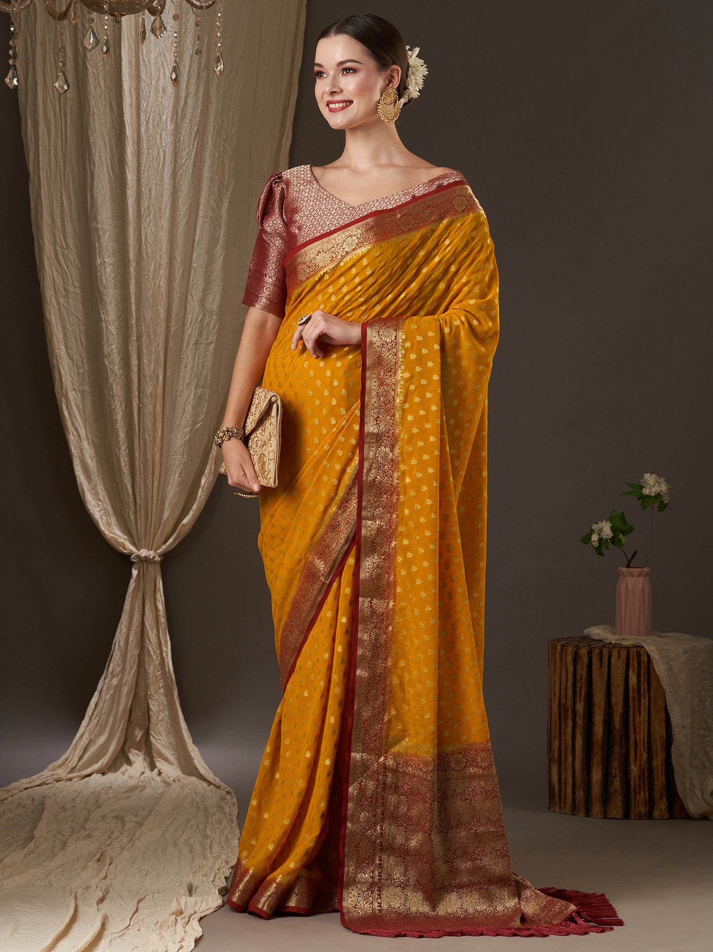 Women's Georgette Mustard Woven Design Designer Saree With Blouse Piece