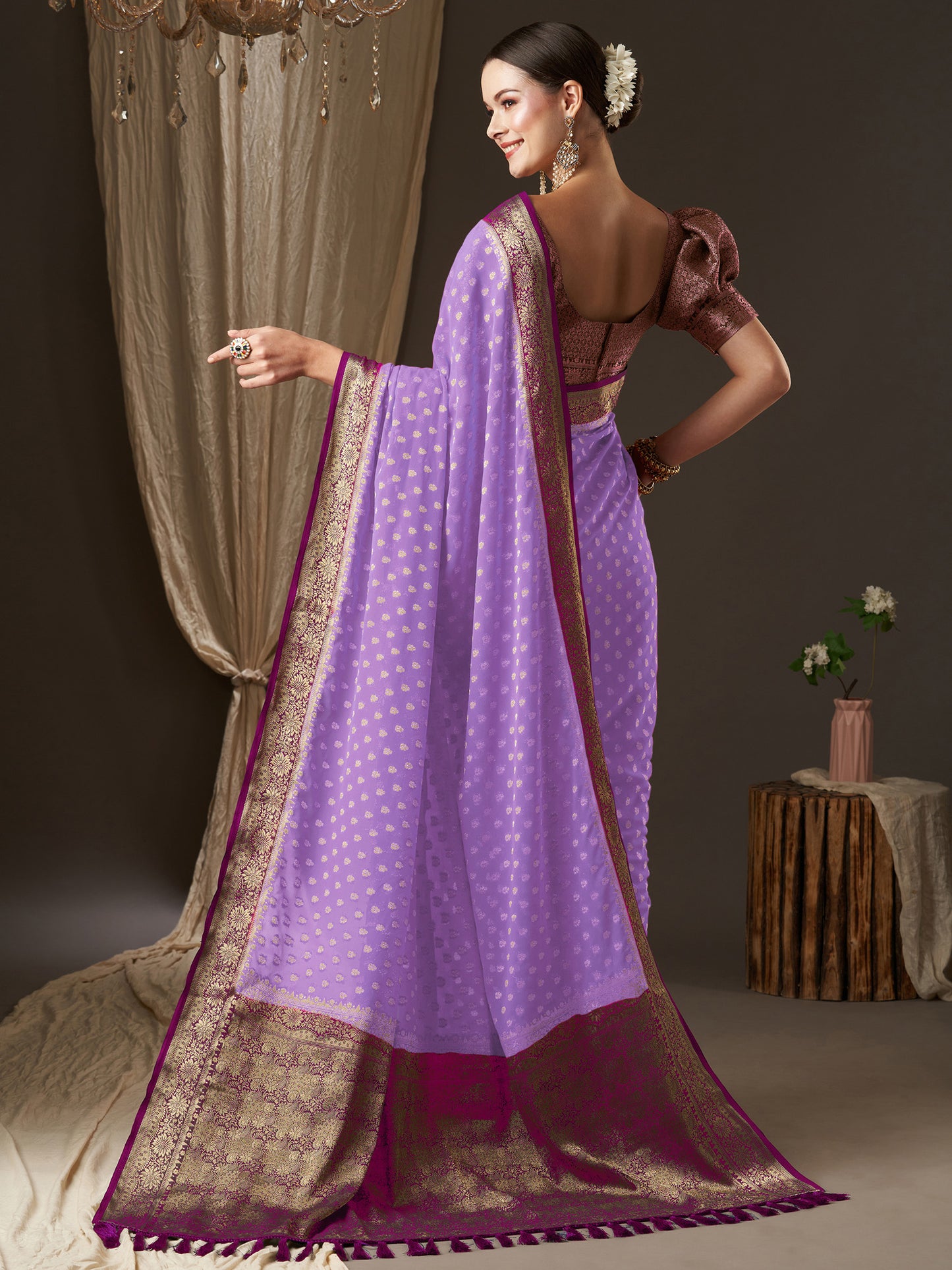 Women's Georgette Lavendar Woven Design Designer Saree With Blouse Piece