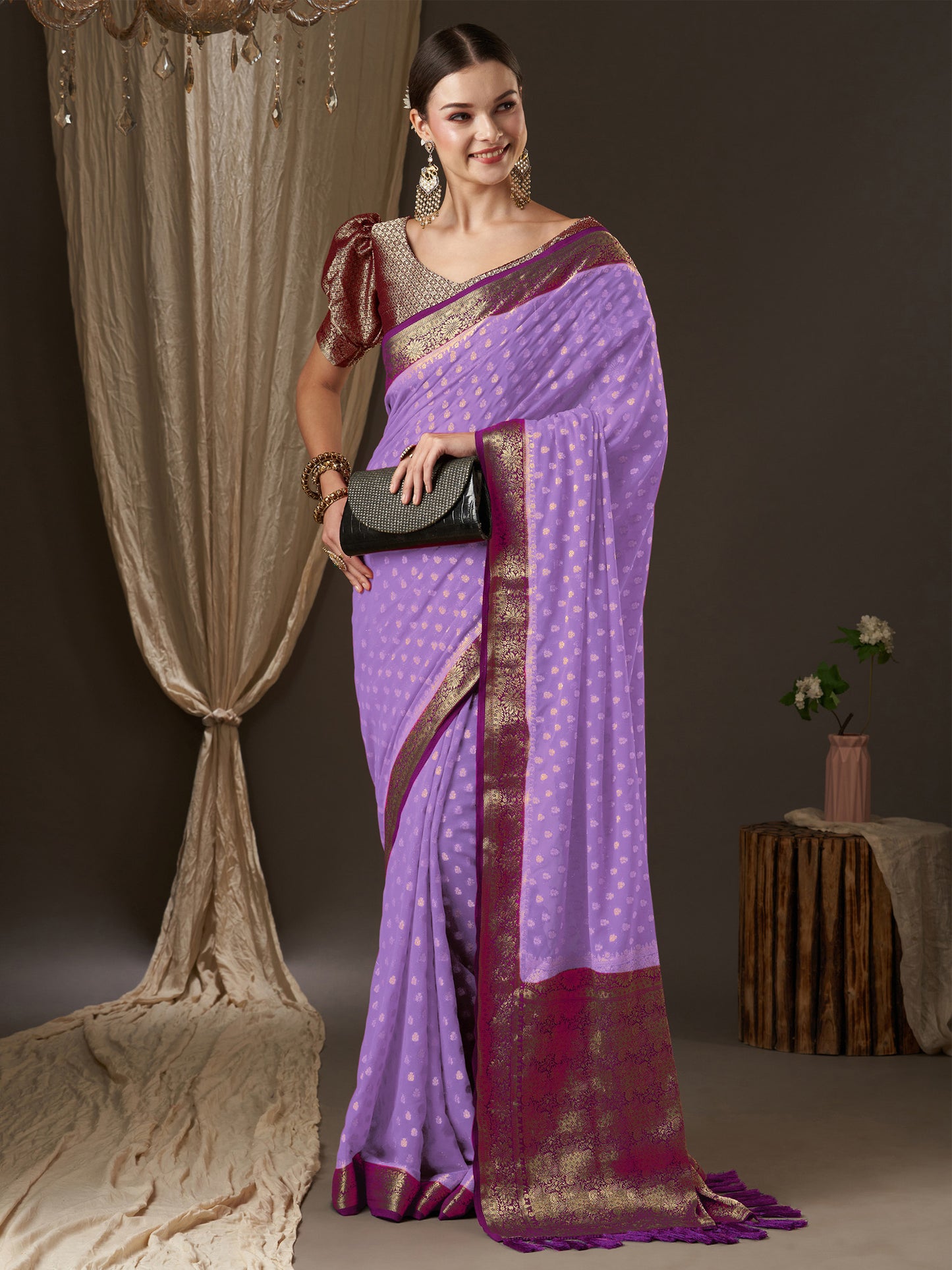 Women's Georgette Lavendar Woven Design Designer Saree With Blouse Piece