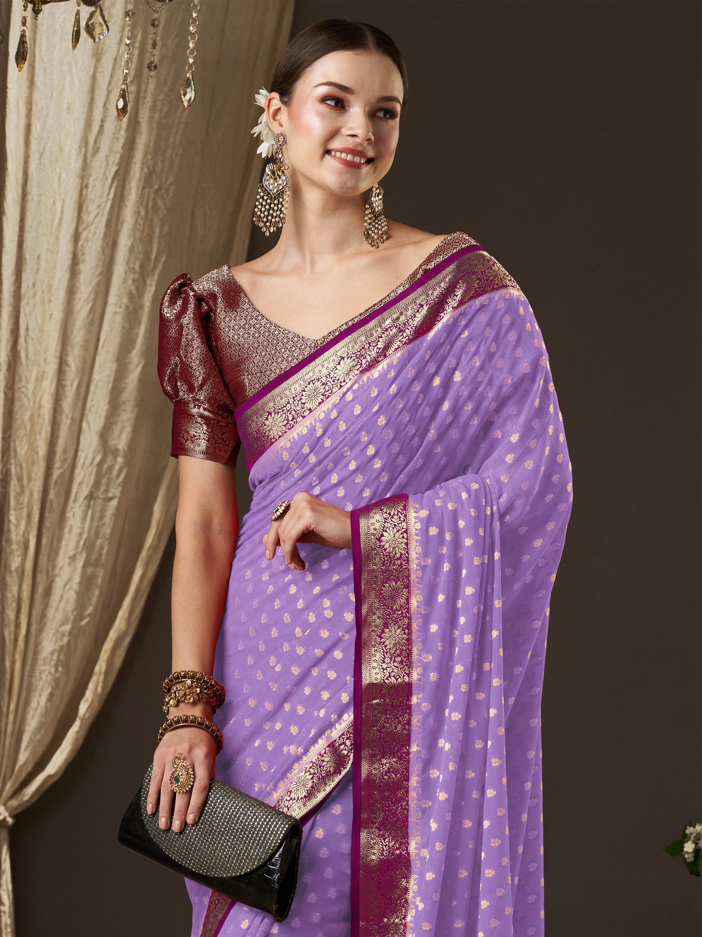 Women's Georgette Lavendar Woven Design Designer Saree With Blouse Piece