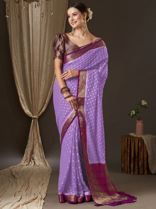 Women's Georgette Lavendar Woven Design Designer Saree With Blouse Piece