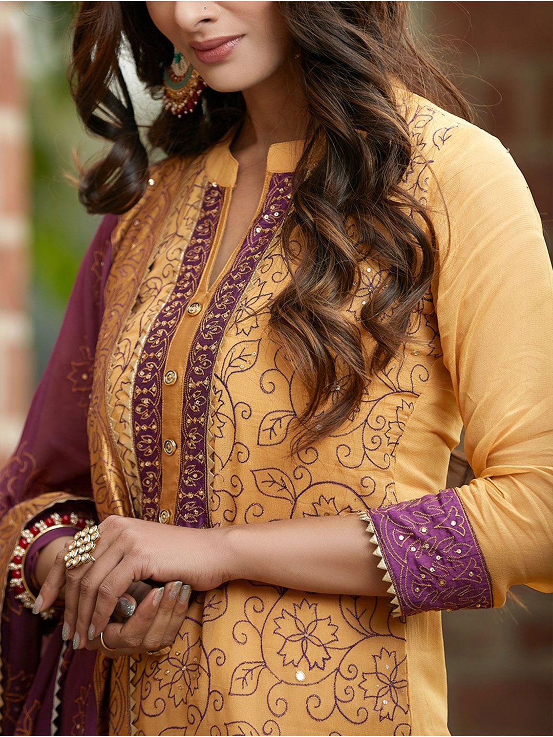 Dhiyona WP Floral Embroidered Sequinned Kurta With Trousers & Dupatta