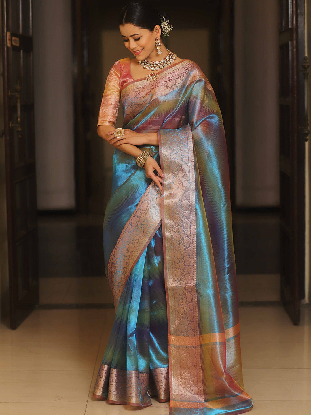 Women's Tissue Teal blue Woven Design Designer Saree With Blouse Piece