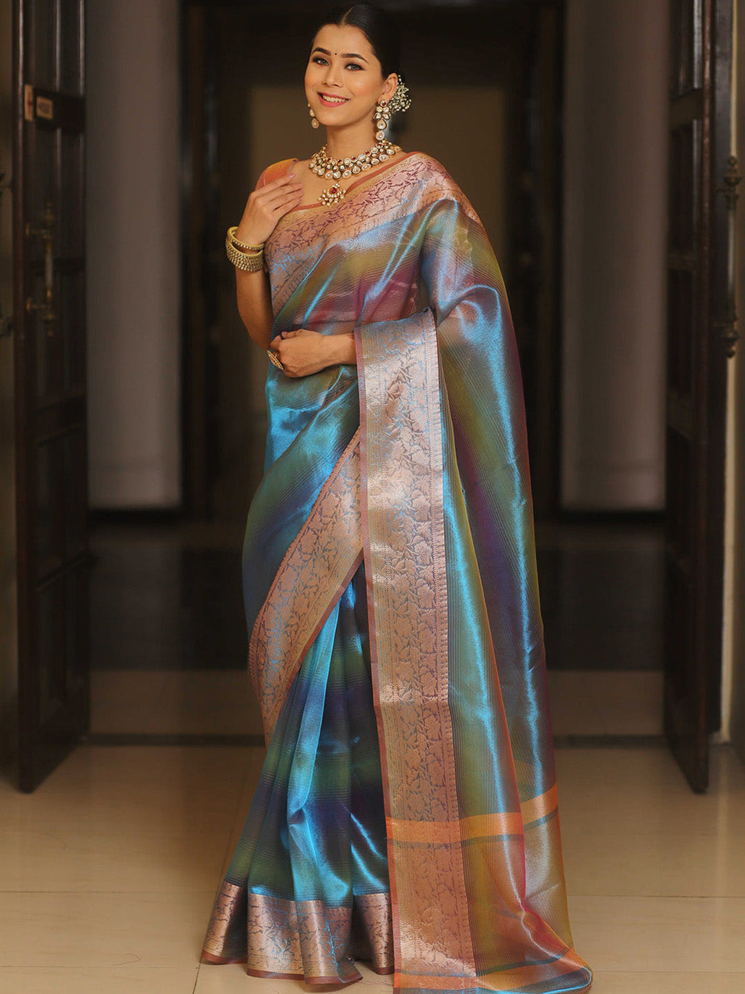 Women's Tissue Teal blue Woven Design Designer Saree With Blouse Piece