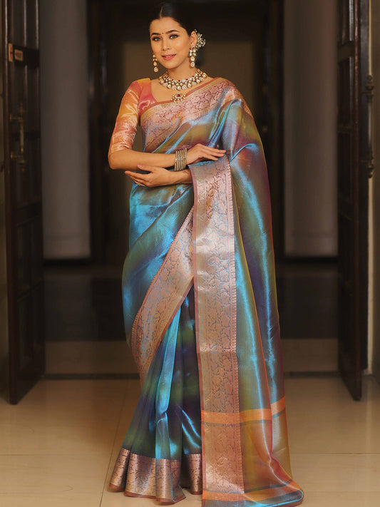 Women's Tissue Teal blue Woven Design Designer Saree With Blouse Piece