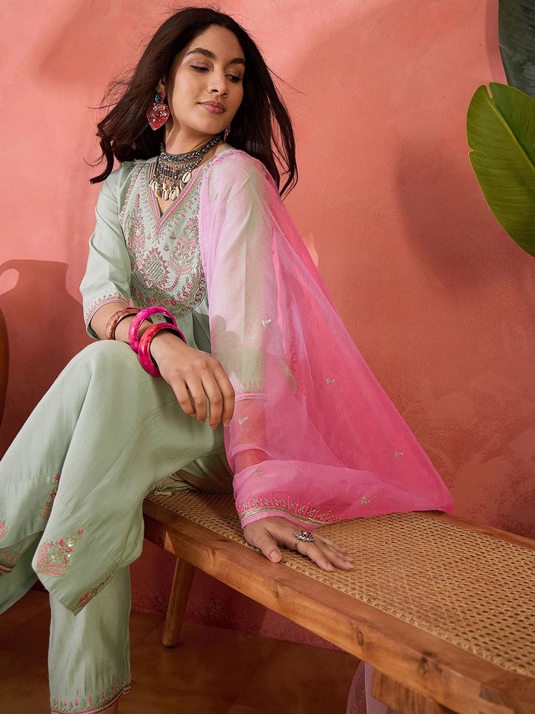 Dhiyona SN Women's Floral Yoke Design V-Neck Pleated Sequinned A-Line Kurta With Trousers & Dupatta