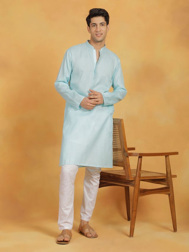 Men's Aqua Cotton Straight Kurta