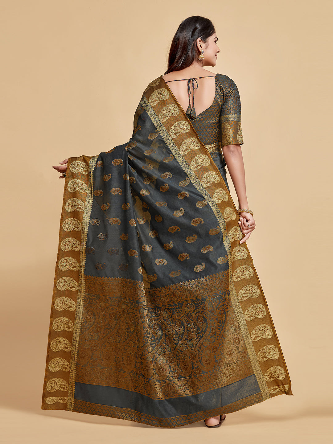 Dhiyona GR Women's Avantika Gunsmoke Grey Zari Woven Design Chanderi Cotton Saree