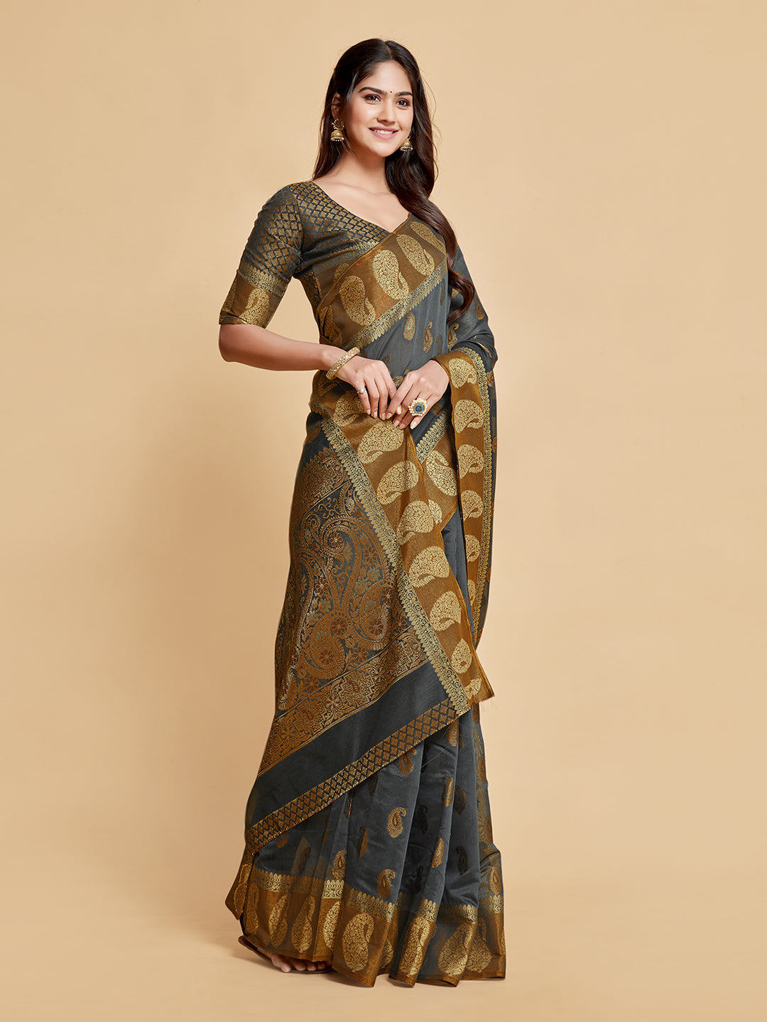 Dhiyona GR Women's Avantika Gunsmoke Grey Zari Woven Design Chanderi Cotton Saree
