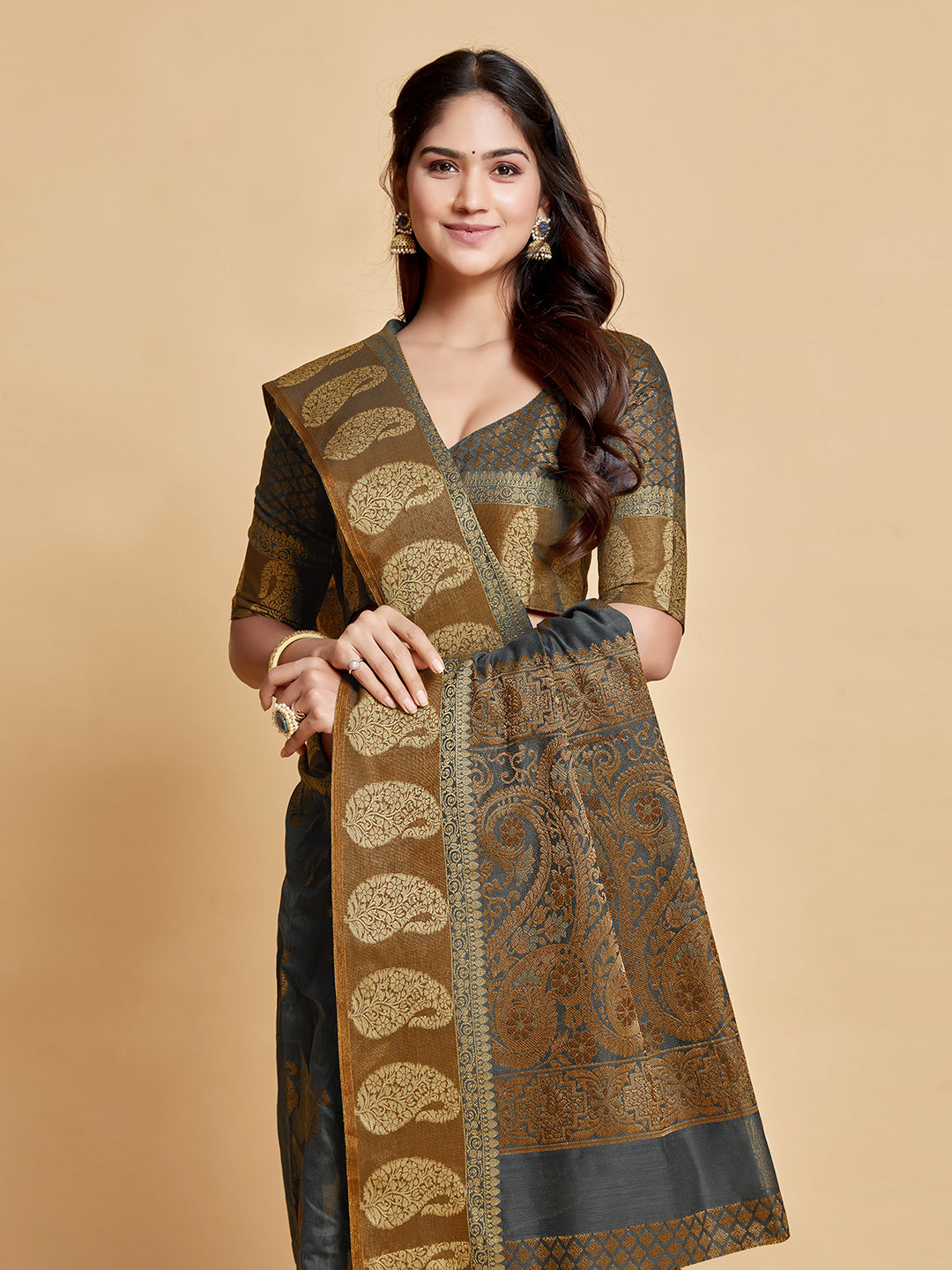 Dhiyona GR Women's Avantika Gunsmoke Grey Zari Woven Design Chanderi Cotton Saree