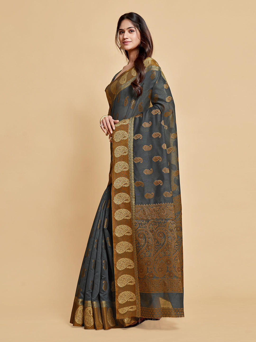 Dhiyona GR Women's Avantika Gunsmoke Grey Zari Woven Design Chanderi Cotton Saree