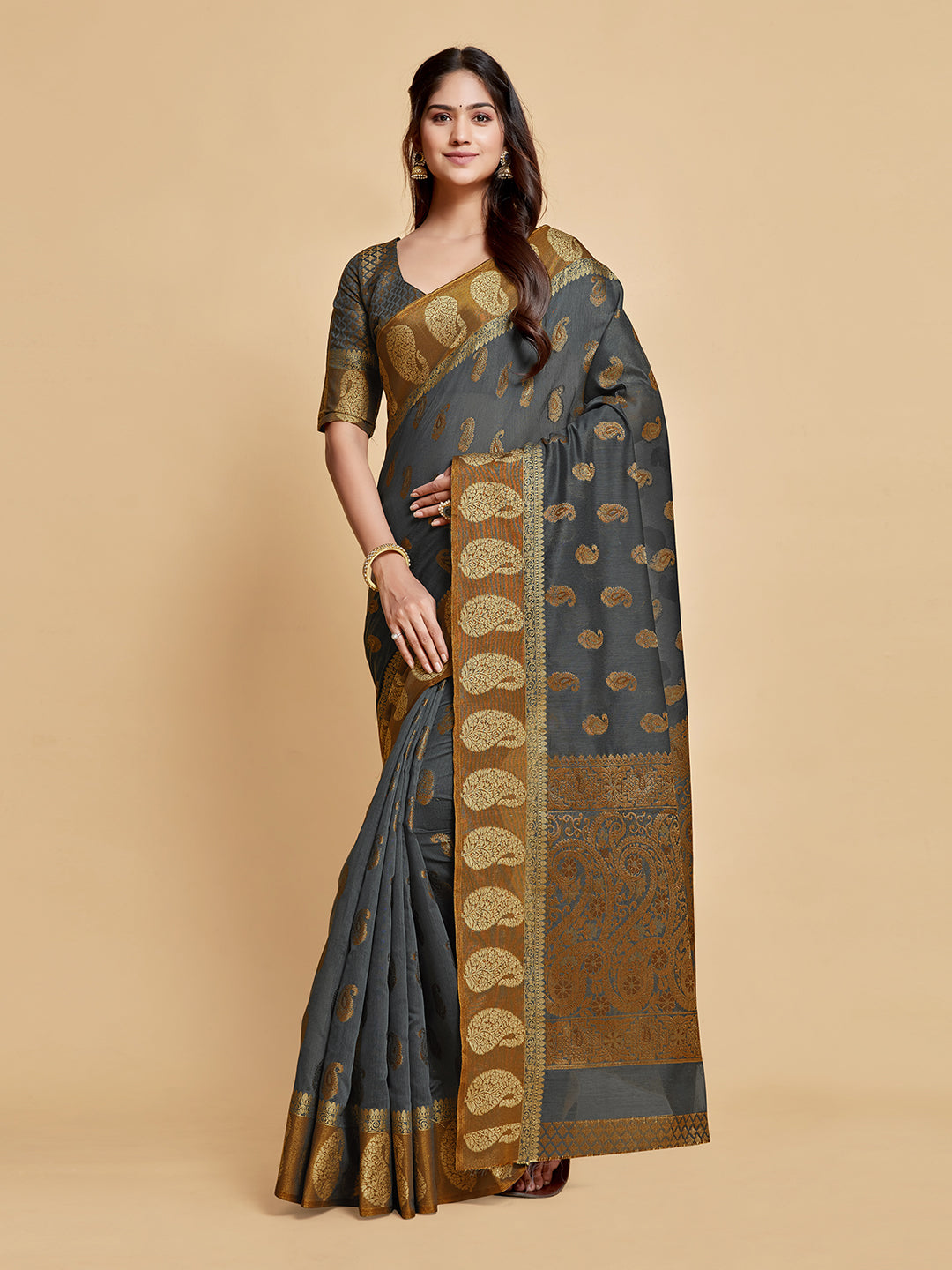 Dhiyona GR Women's Avantika Gunsmoke Grey Zari Woven Design Chanderi Cotton Saree