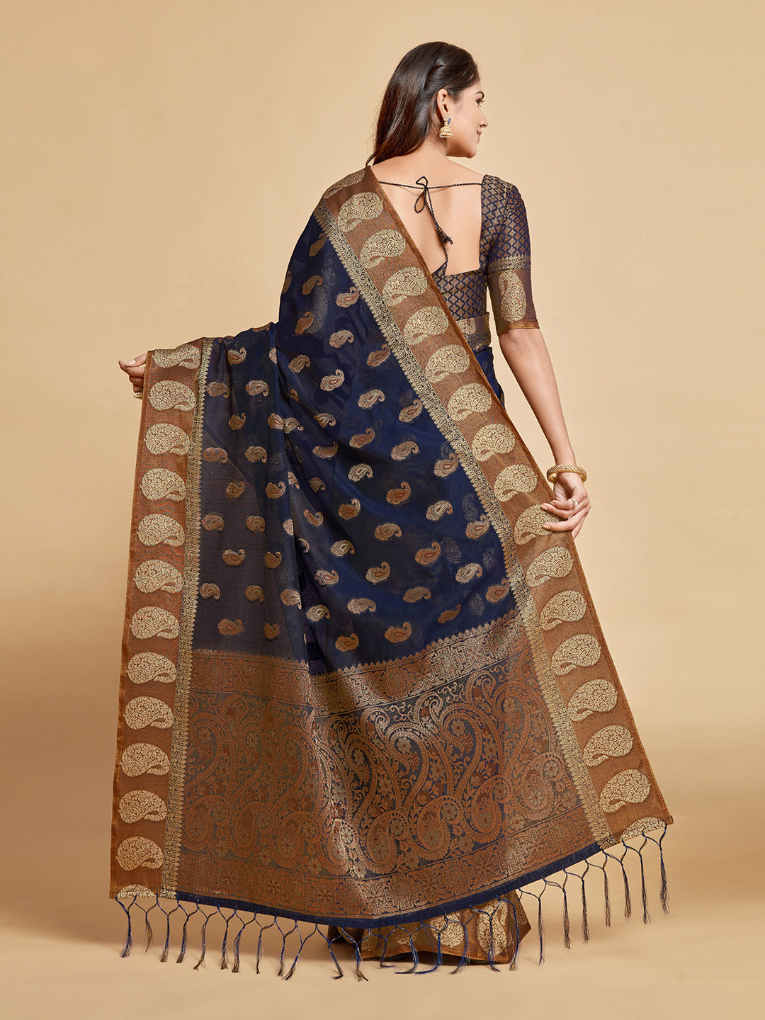 Dhiyona GR Women's Avantika Midnight Blue Zari Woven Design Chanderi Cotton Saree