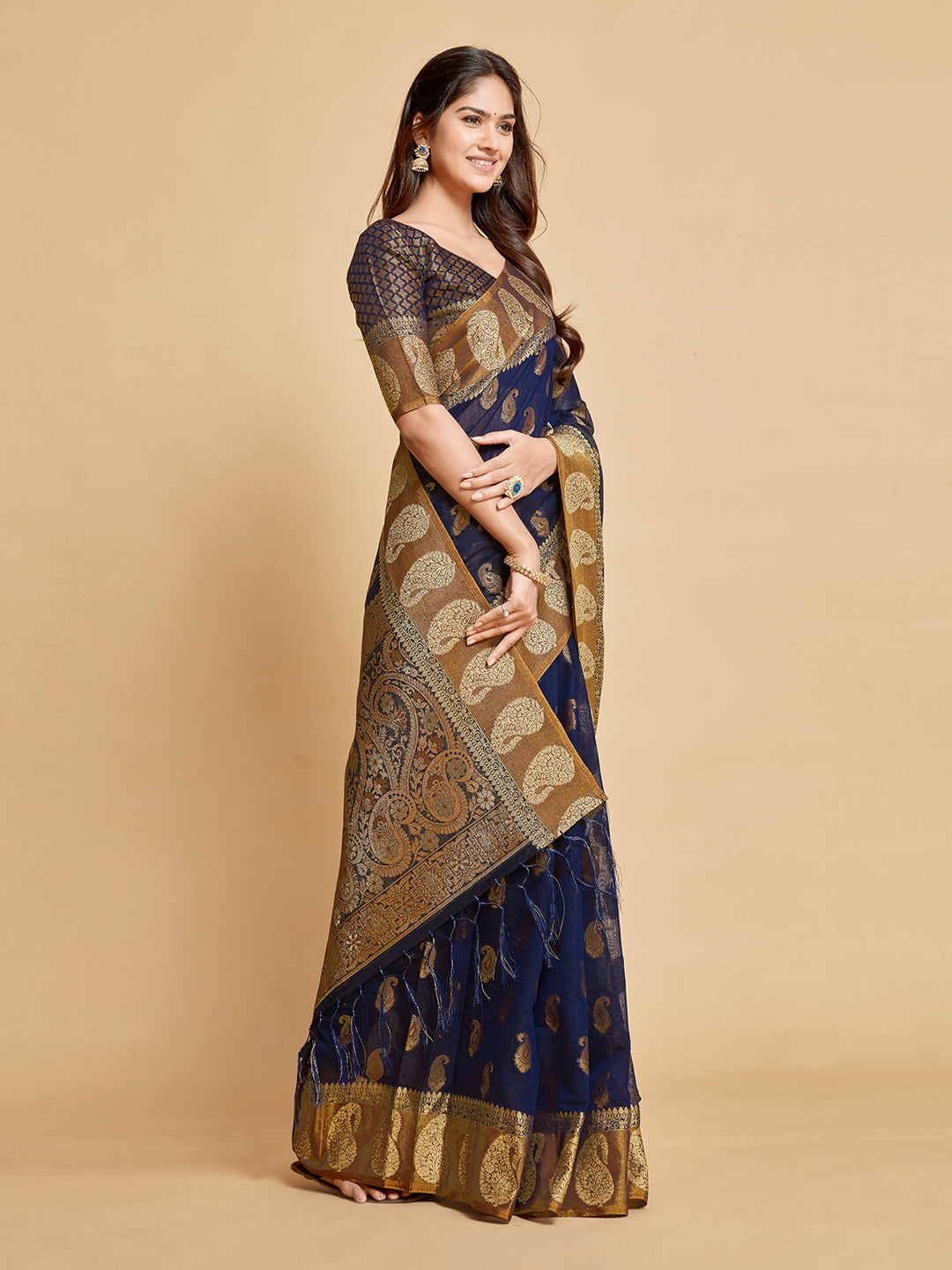 Dhiyona GR Women's Avantika Midnight Blue Zari Woven Design Chanderi Cotton Saree