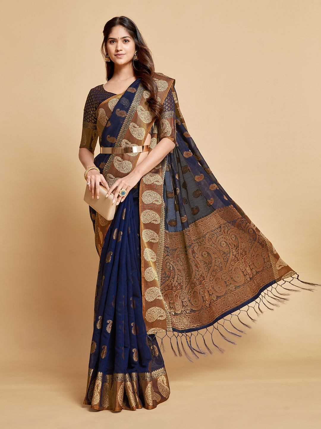 Dhiyona GR Women's Avantika Midnight Blue Zari Woven Design Chanderi Cotton Saree