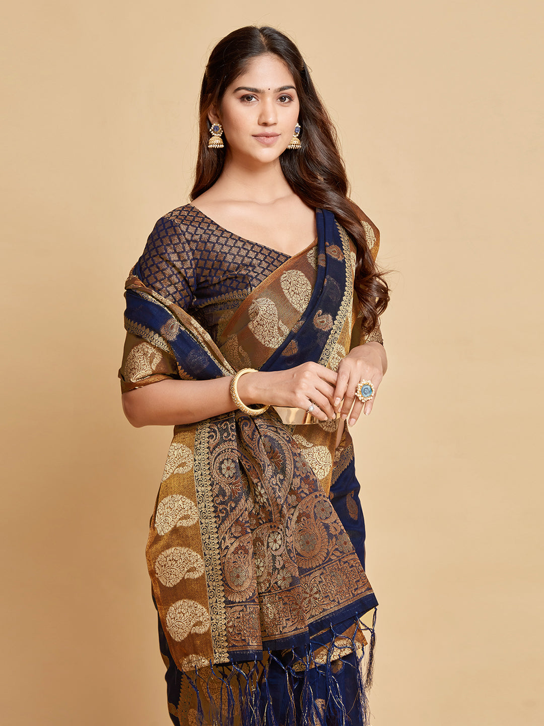 Dhiyona GR Women's Avantika Midnight Blue Zari Woven Design Chanderi Cotton Saree
