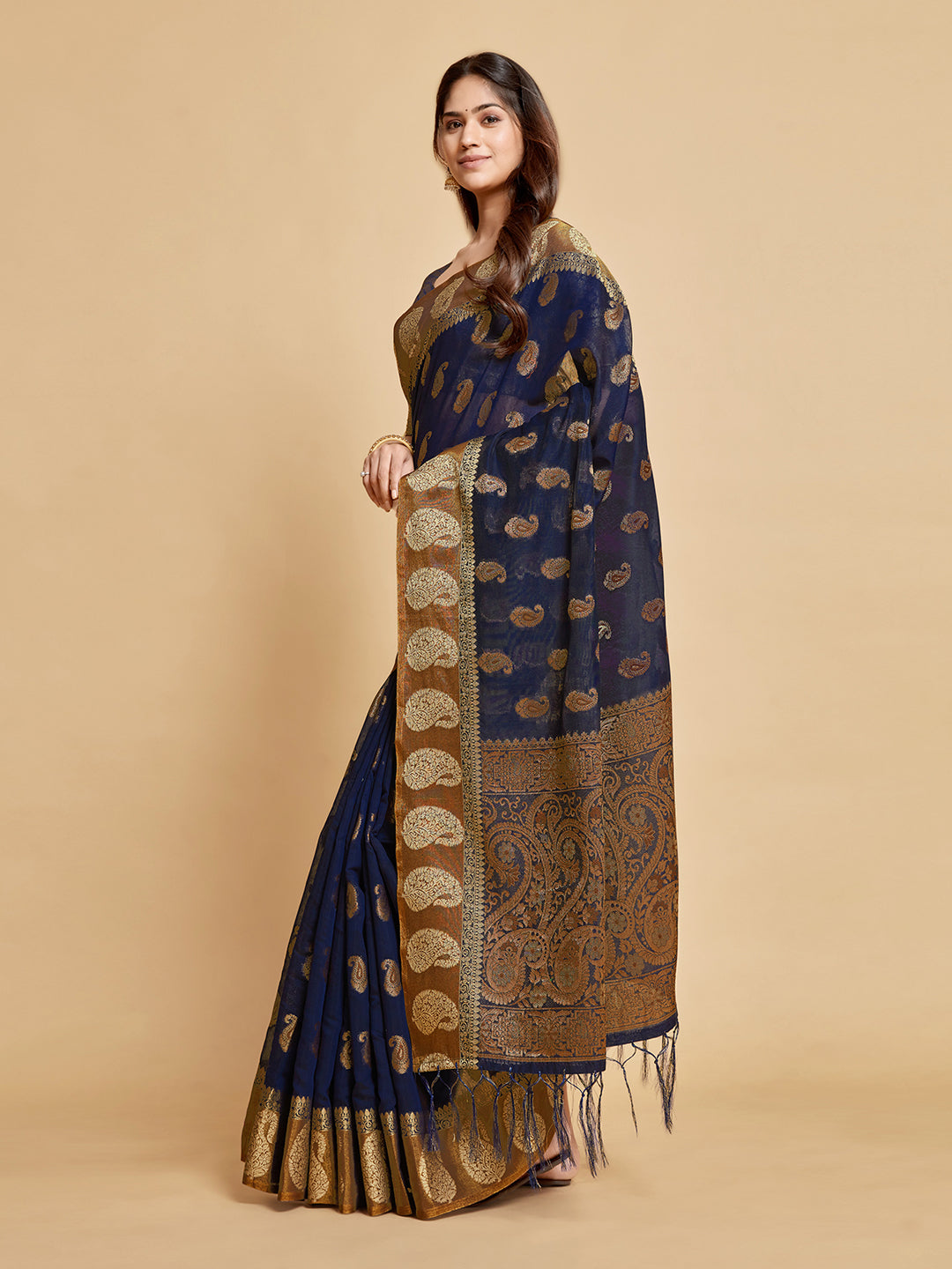 Dhiyona GR Women's Avantika Midnight Blue Zari Woven Design Chanderi Cotton Saree