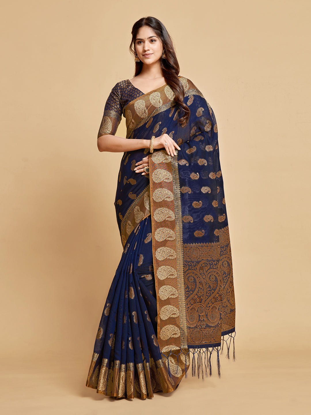 Dhiyona GR Women's Avantika Midnight Blue Zari Woven Design Chanderi Cotton Saree
