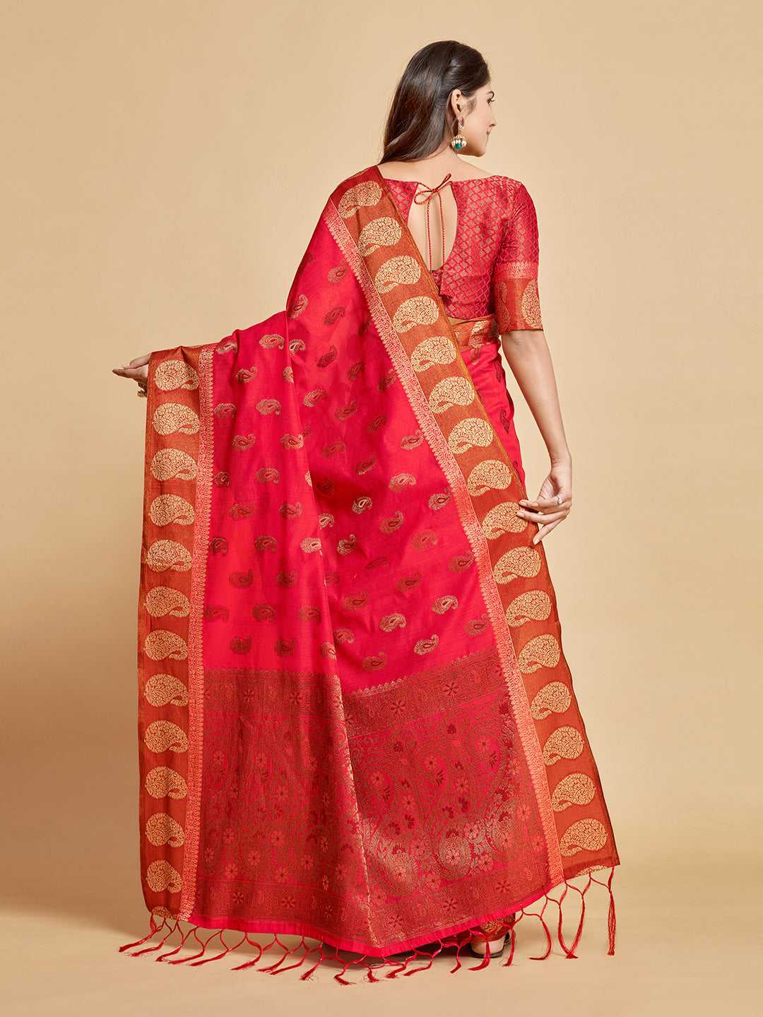 Dhiyona GR Women's Avantika Fiery Rose Zari Woven Design Chanderi Cotton Saree