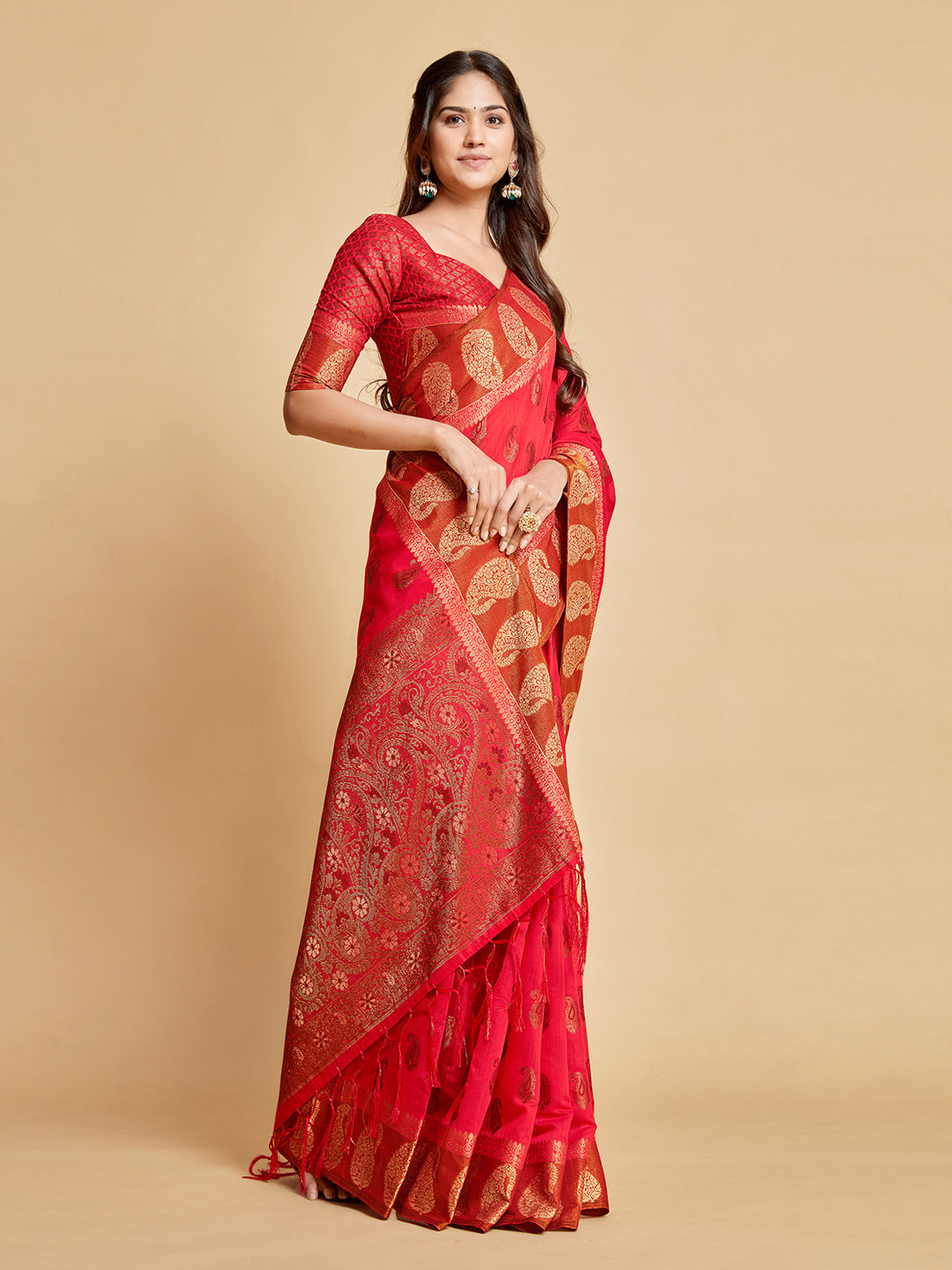 Dhiyona GR Women's Avantika Fiery Rose Zari Woven Design Chanderi Cotton Saree