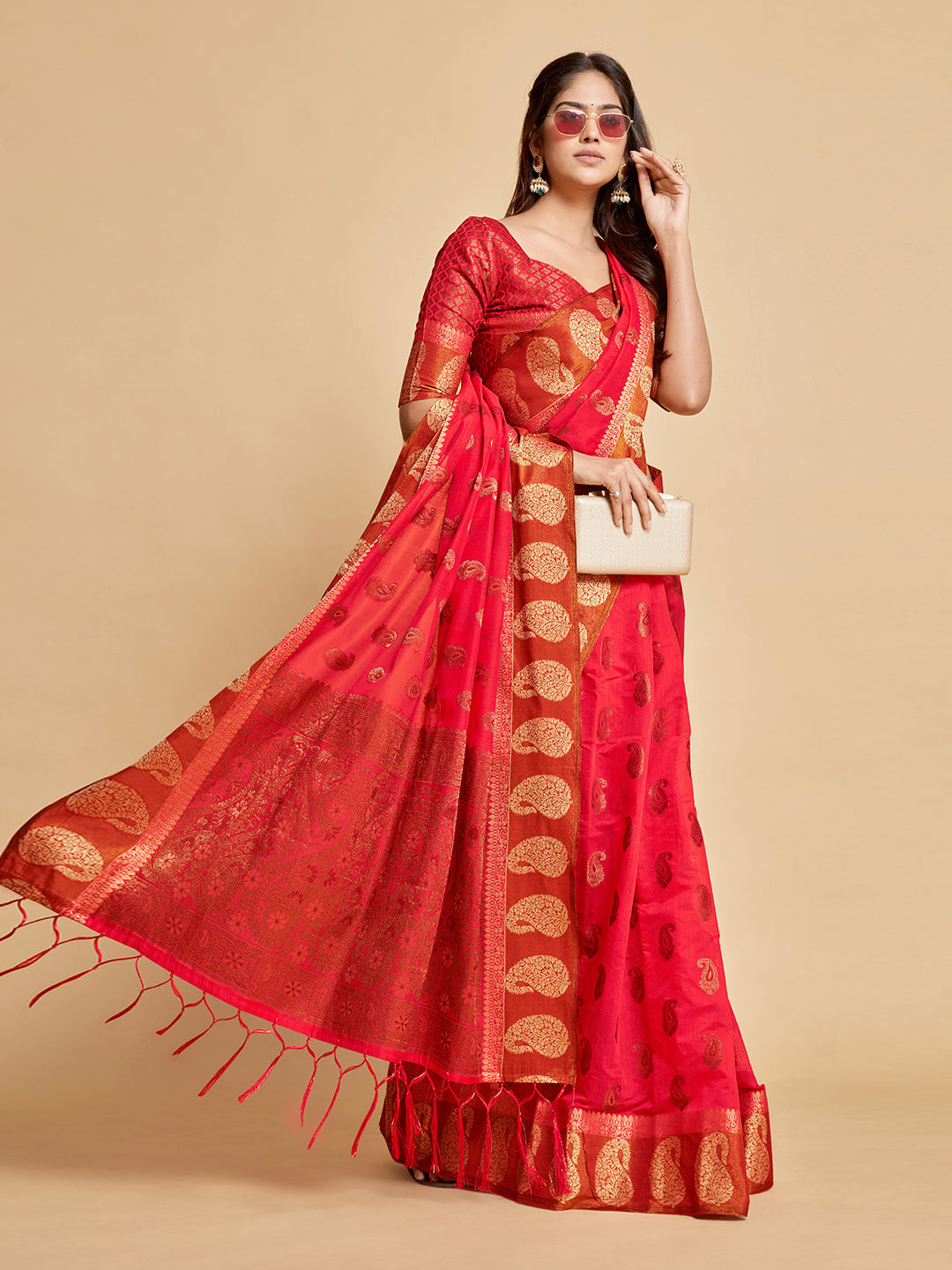 Dhiyona GR Women's Avantika Fiery Rose Zari Woven Design Chanderi Cotton Saree