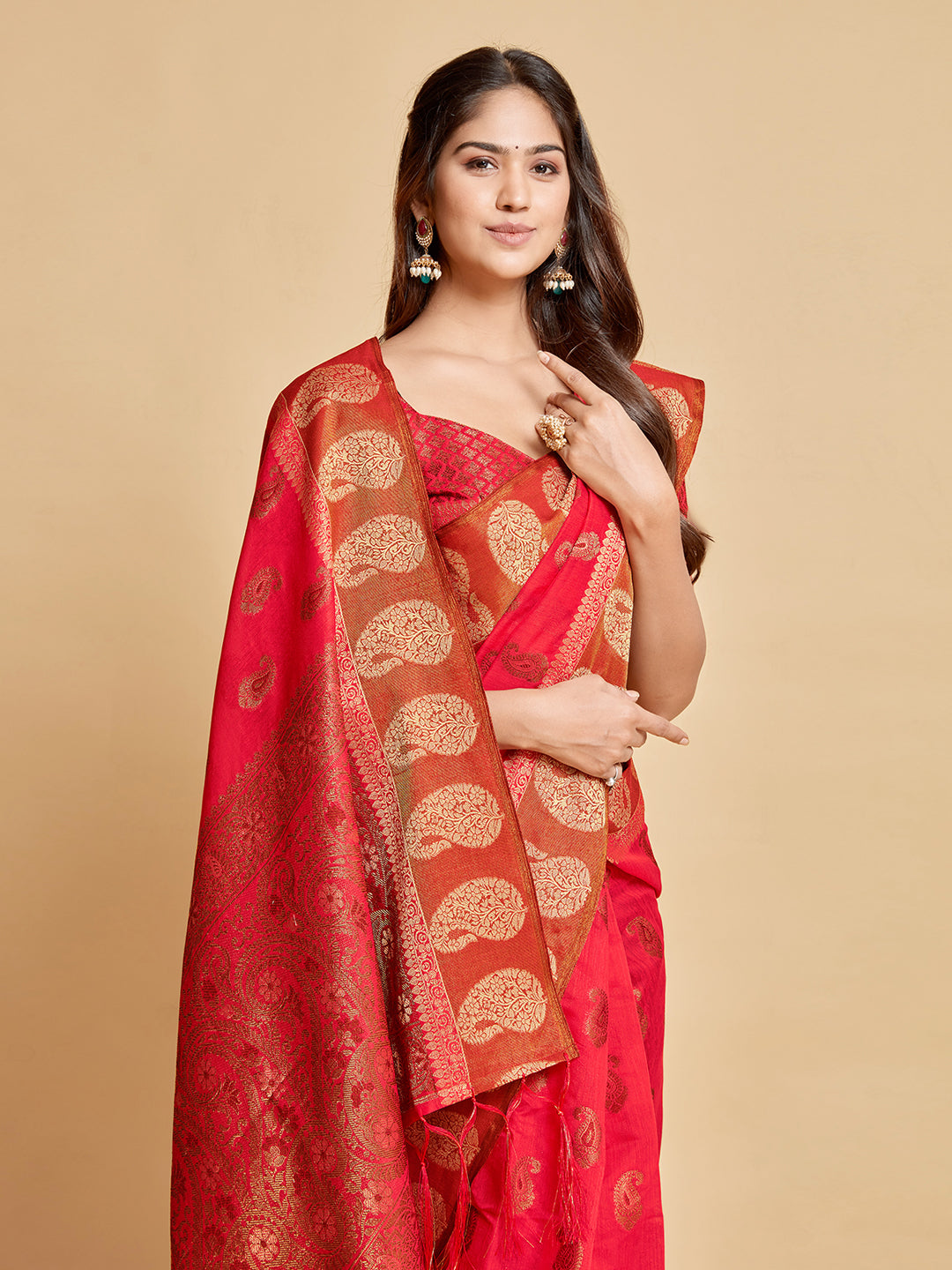 Dhiyona GR Women's Avantika Fiery Rose Zari Woven Design Chanderi Cotton Saree