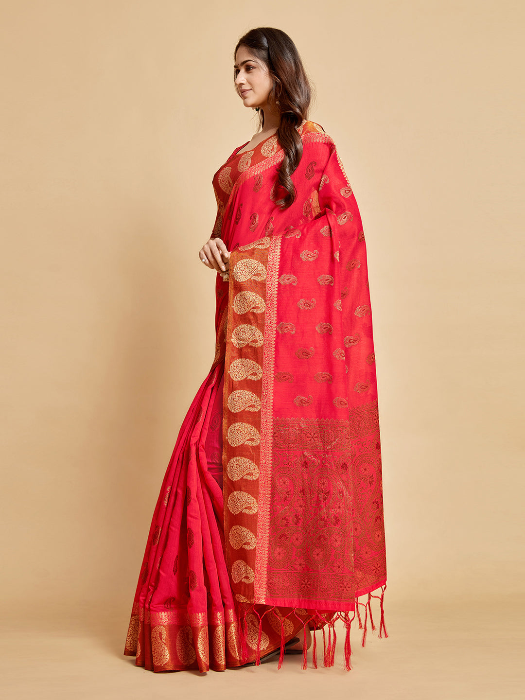 Dhiyona GR Women's Avantika Fiery Rose Zari Woven Design Chanderi Cotton Saree