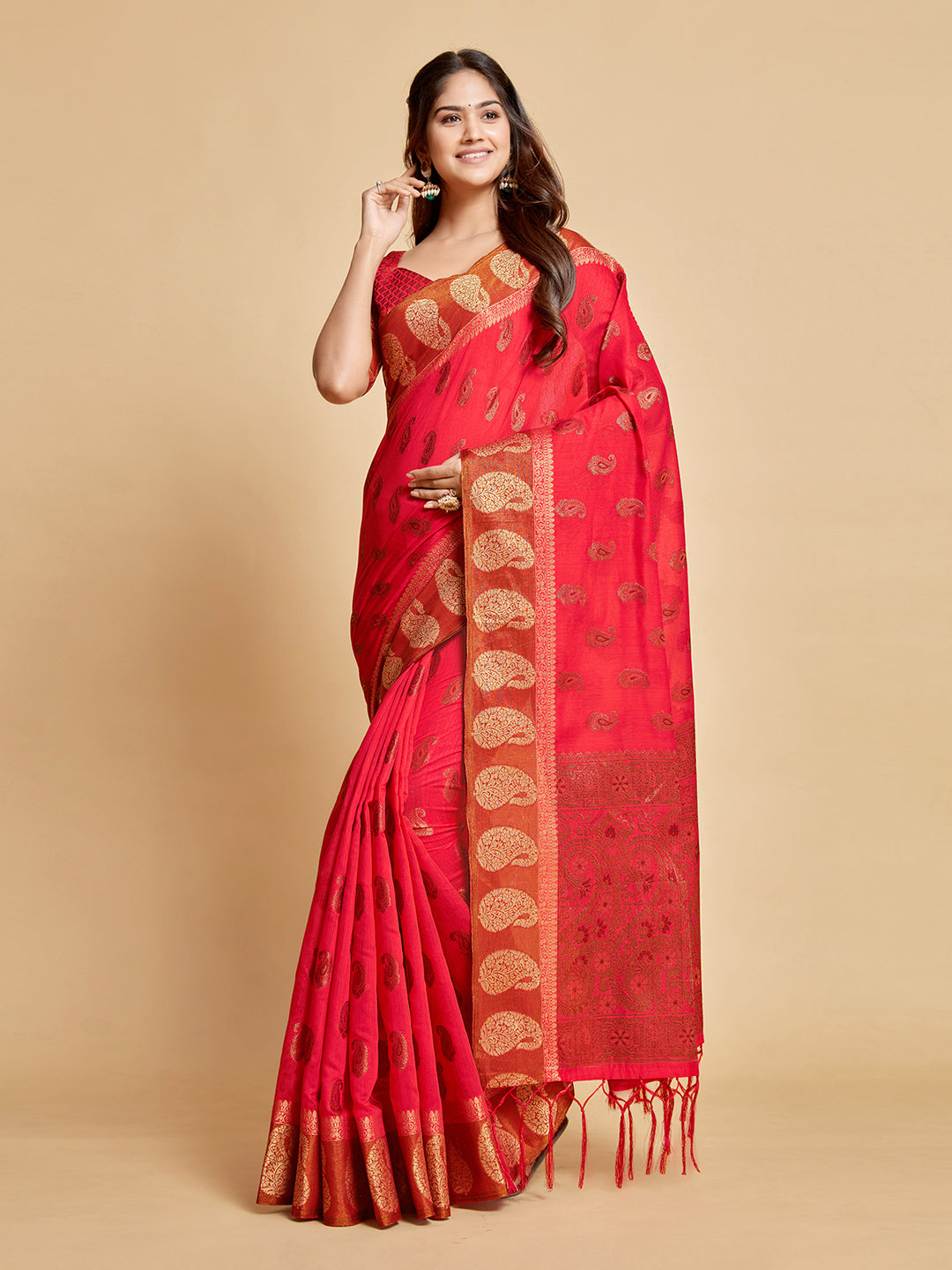 Dhiyona GR Women's Avantika Fiery Rose Zari Woven Design Chanderi Cotton Saree