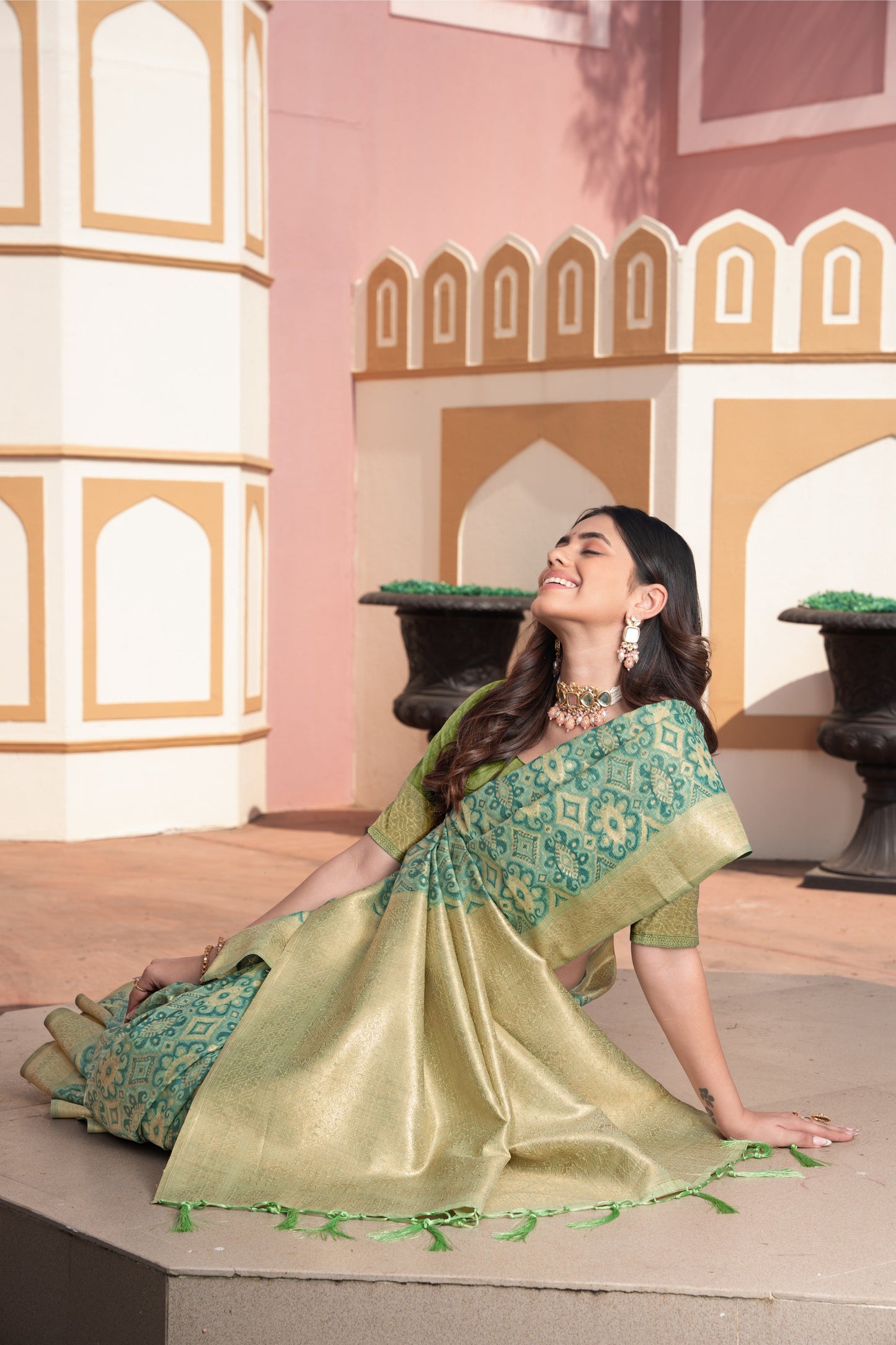 Dhiyona GR Women's Avika Green Cotton Ikat Silk Saree