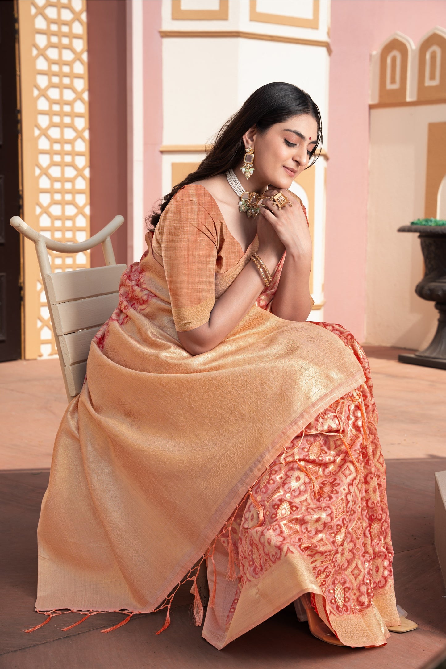 Dhiyona GR Women's Avika Peach Cotton Ikat Silk Saree