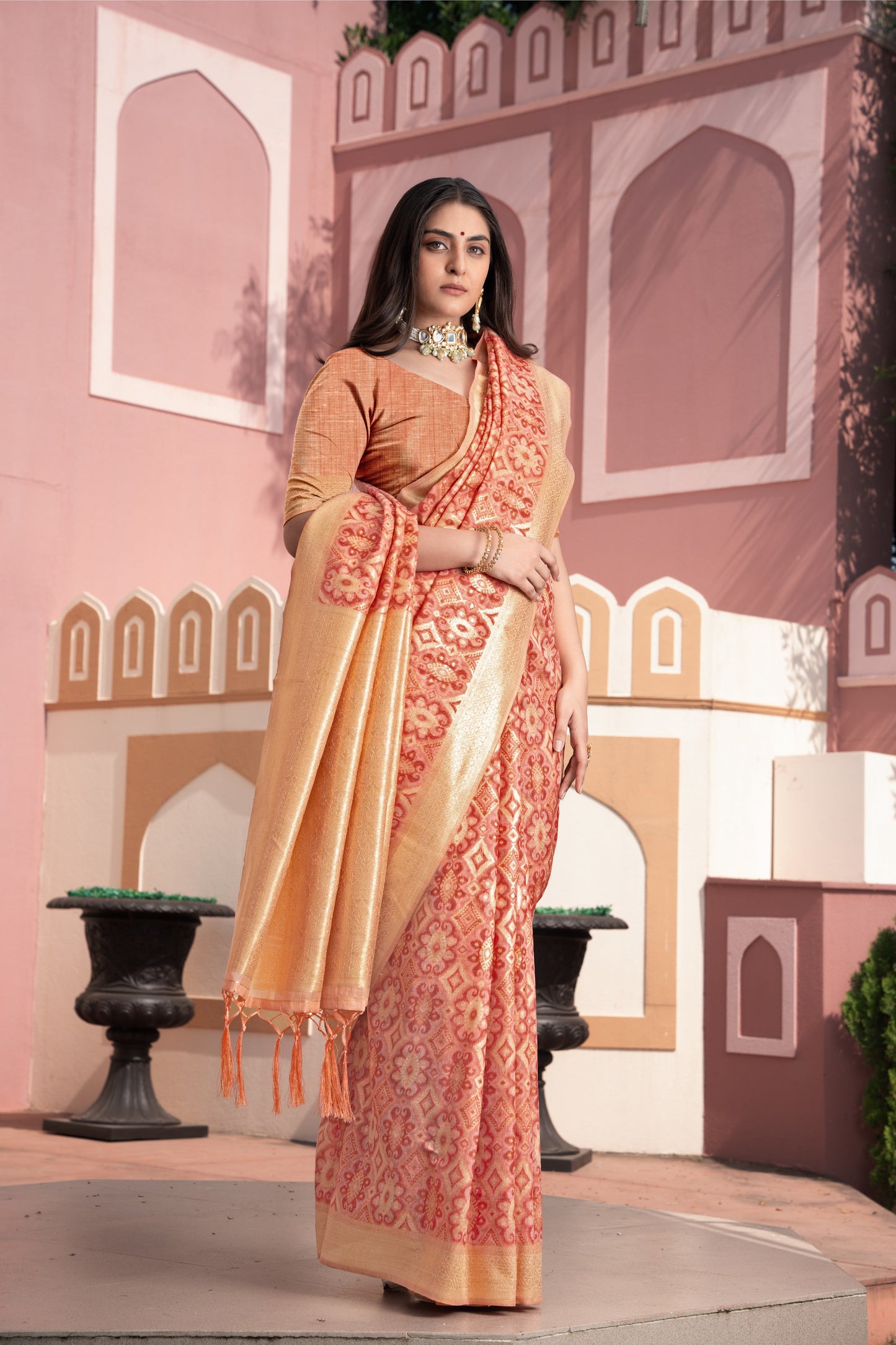 Dhiyona GR Women's Avika Peach Cotton Ikat Silk Saree