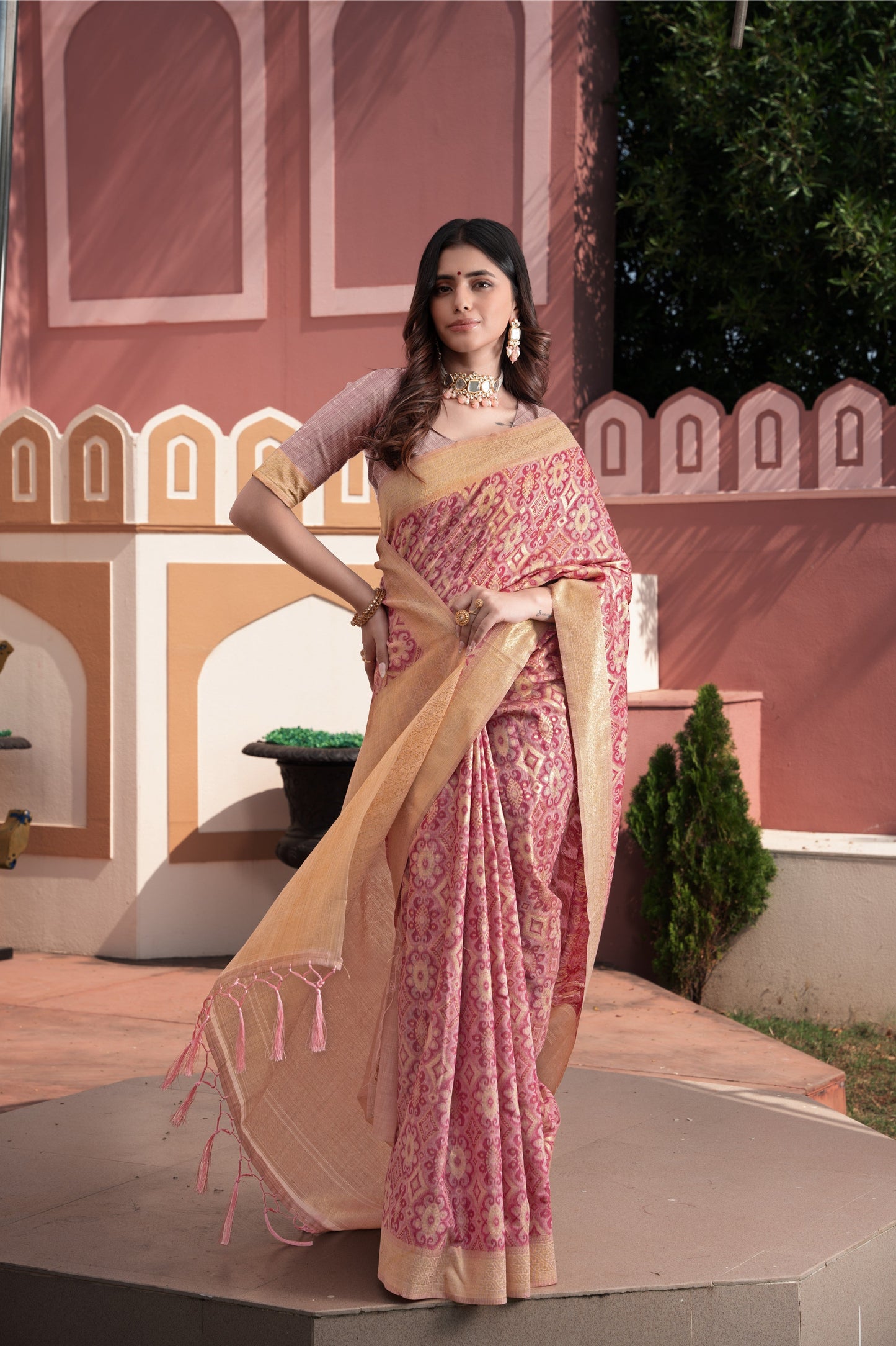 Dhiyona GR Women's Avika Pink Cotton Ikat Silk Saree