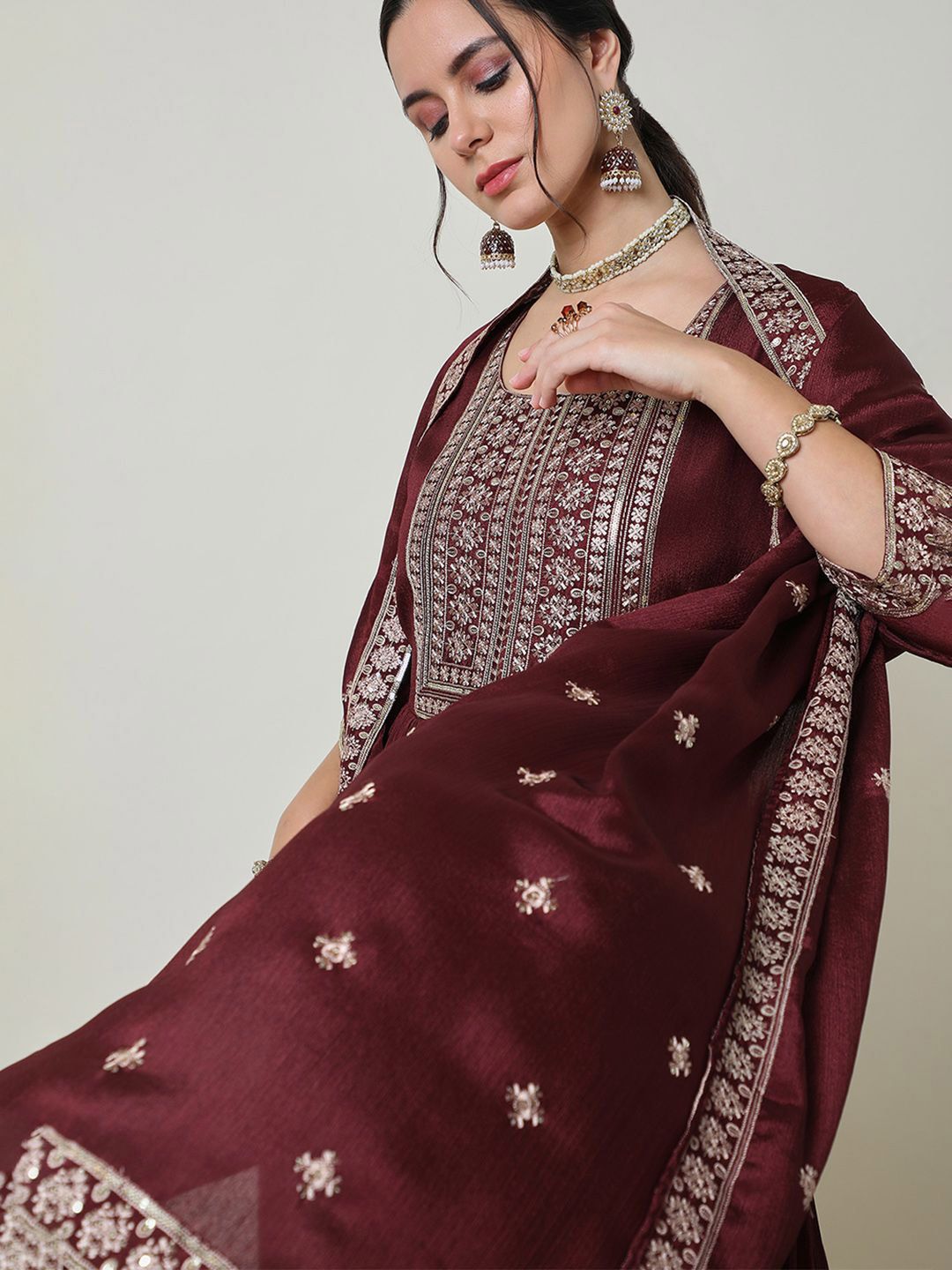 Dhiyona SO Women's Women Paisley Embroidered Angrakha Sequinned Kurta with Churidar & With Dupatta