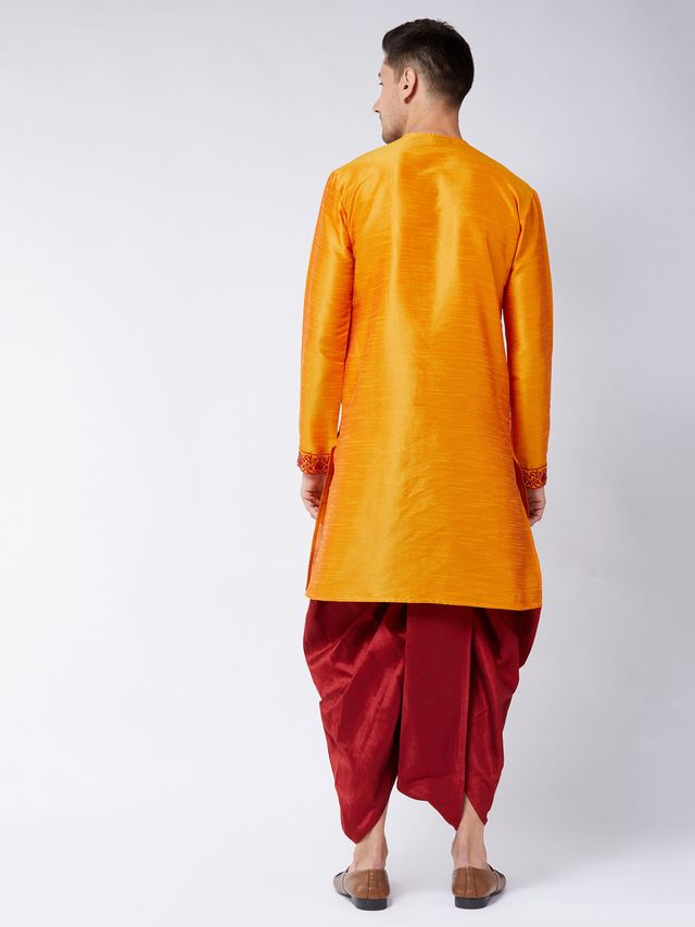 Men's Orange Silk Blend Angrakha Kurta and Dhoti Set