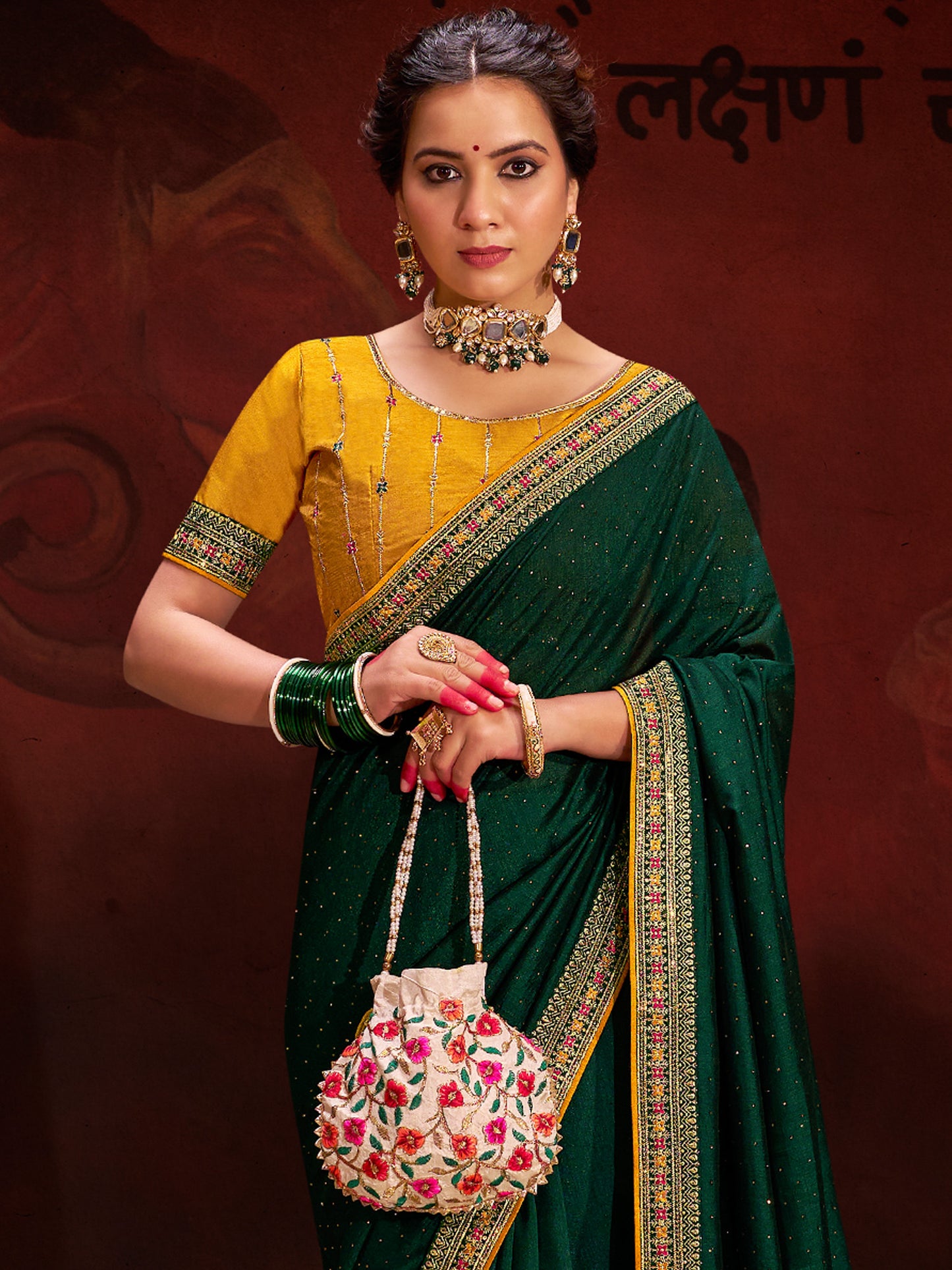 Women's Vichitra Silk Green Embellished Designer Saree With Blouse Piece