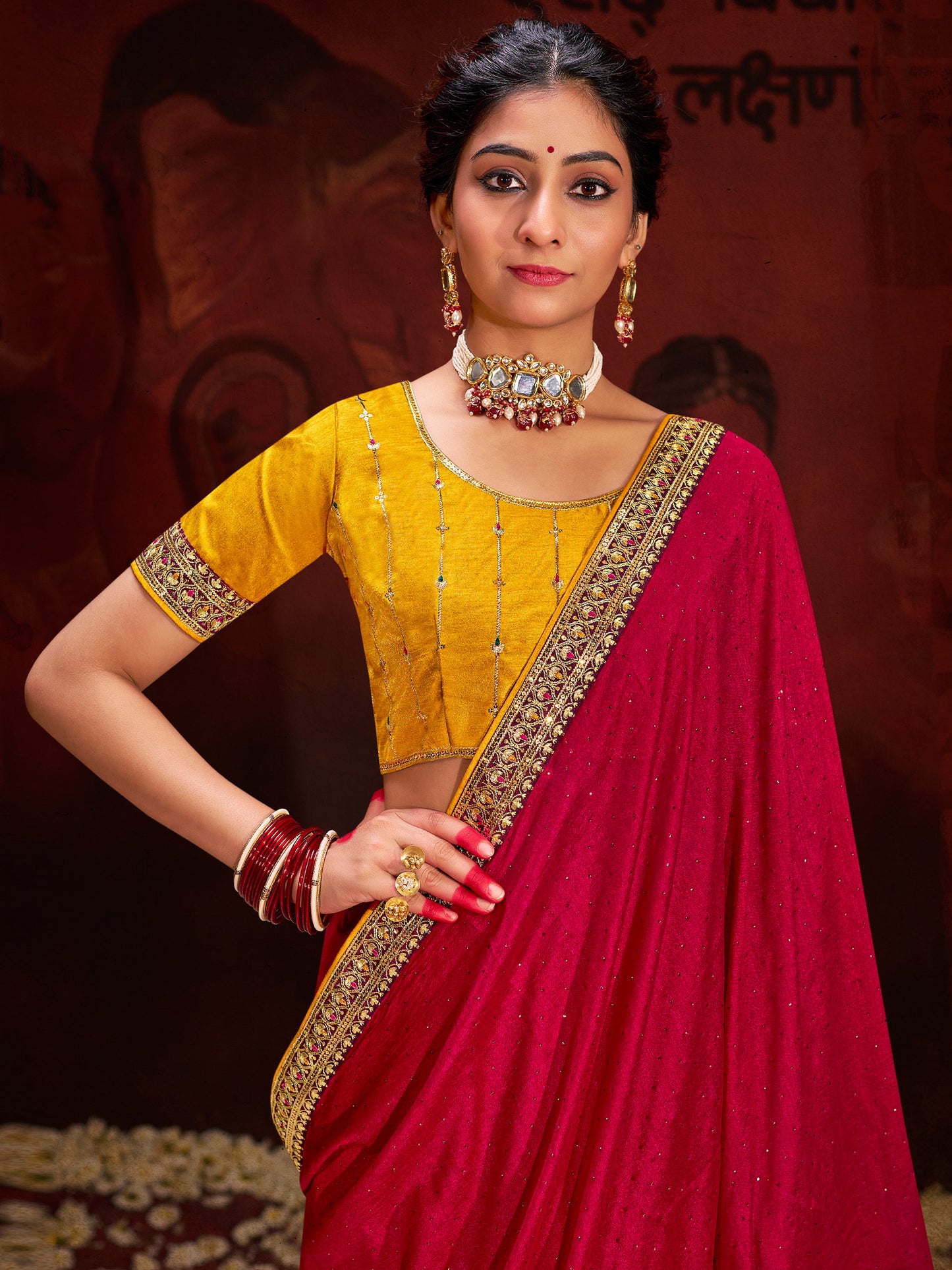 Women's Vichitra Silk Pink Embellished Designer Saree With Blouse Piece