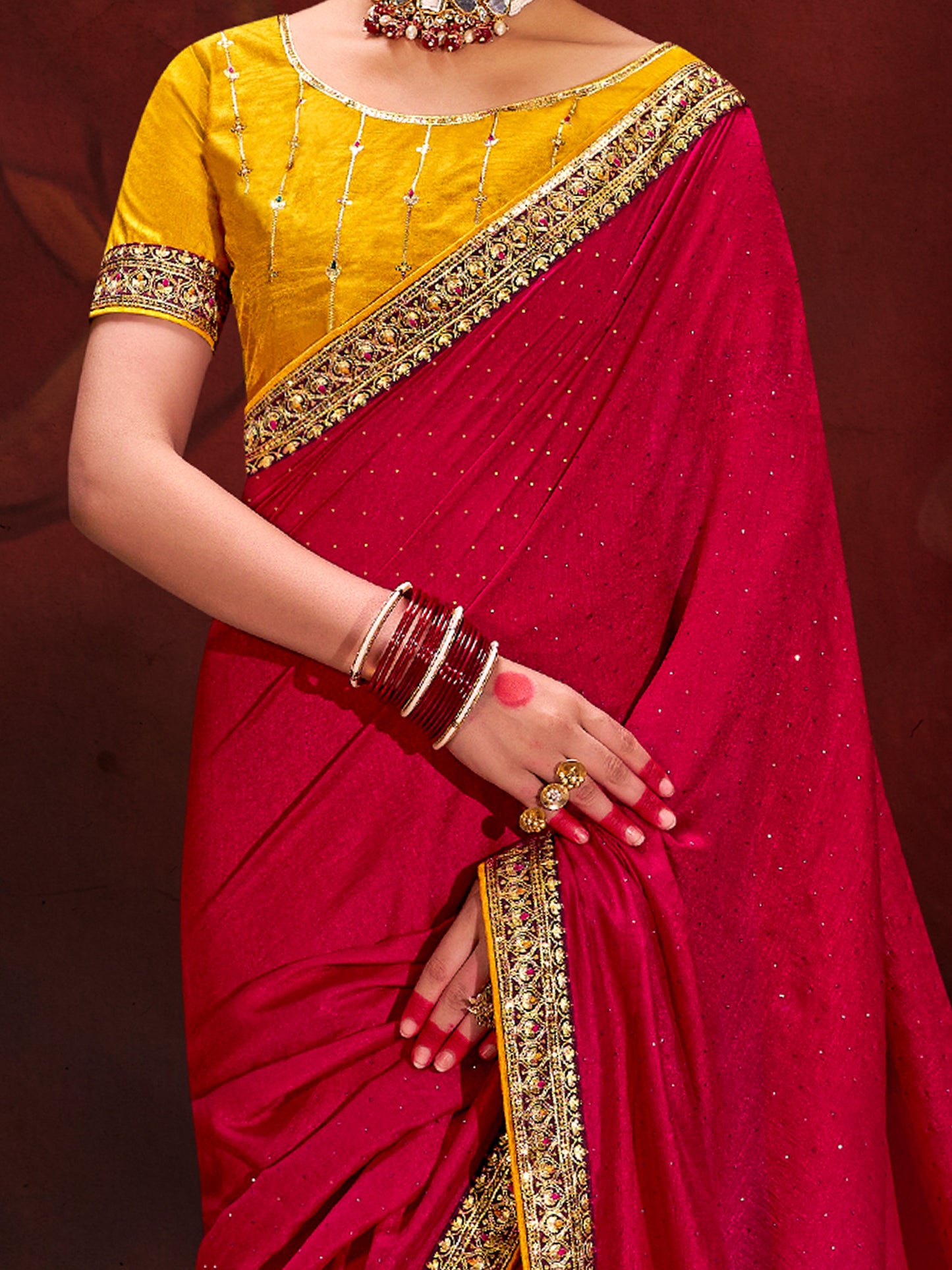 Women's Vichitra Silk Pink Embellished Designer Saree With Blouse Piece