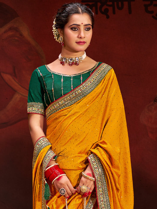 Women's Vichitra Silk Yellow Embellished Designer Saree With Blouse Piece