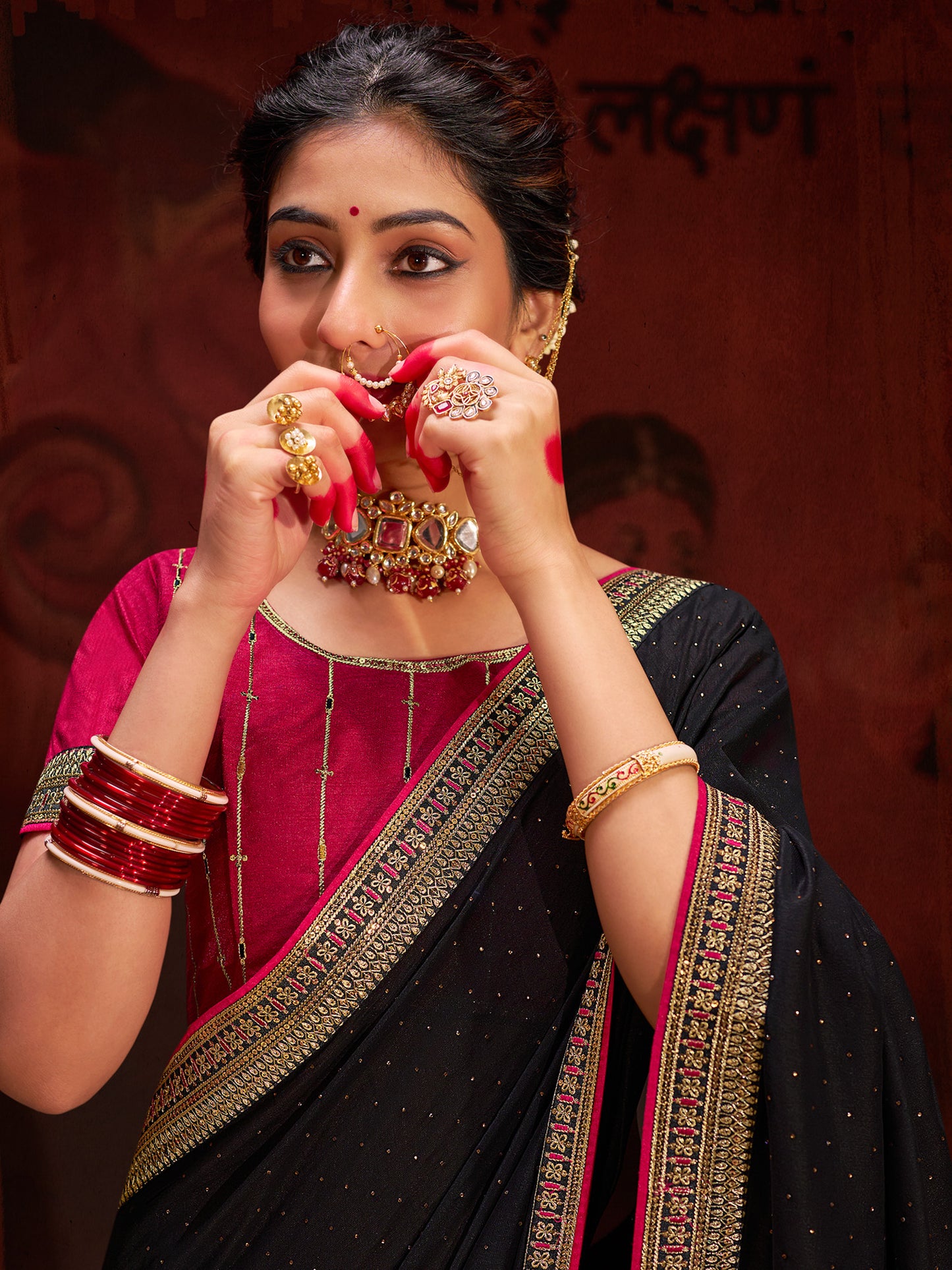 Women's Vichitra Silk Black Embellished Designer Saree With Blouse Piece