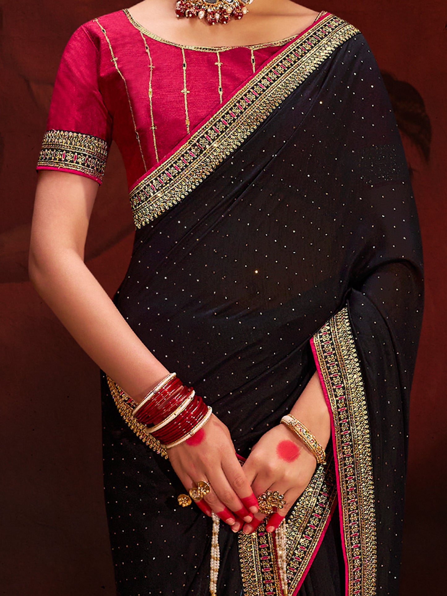 Women's Vichitra Silk Black Embellished Designer Saree With Blouse Piece