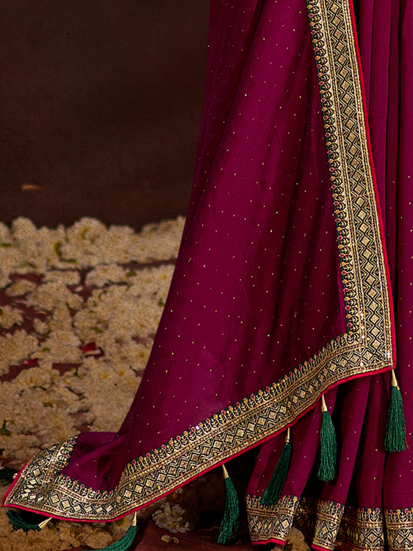 Women's Vichitra Silk Olive Embellished Designer Saree With Blouse Piece