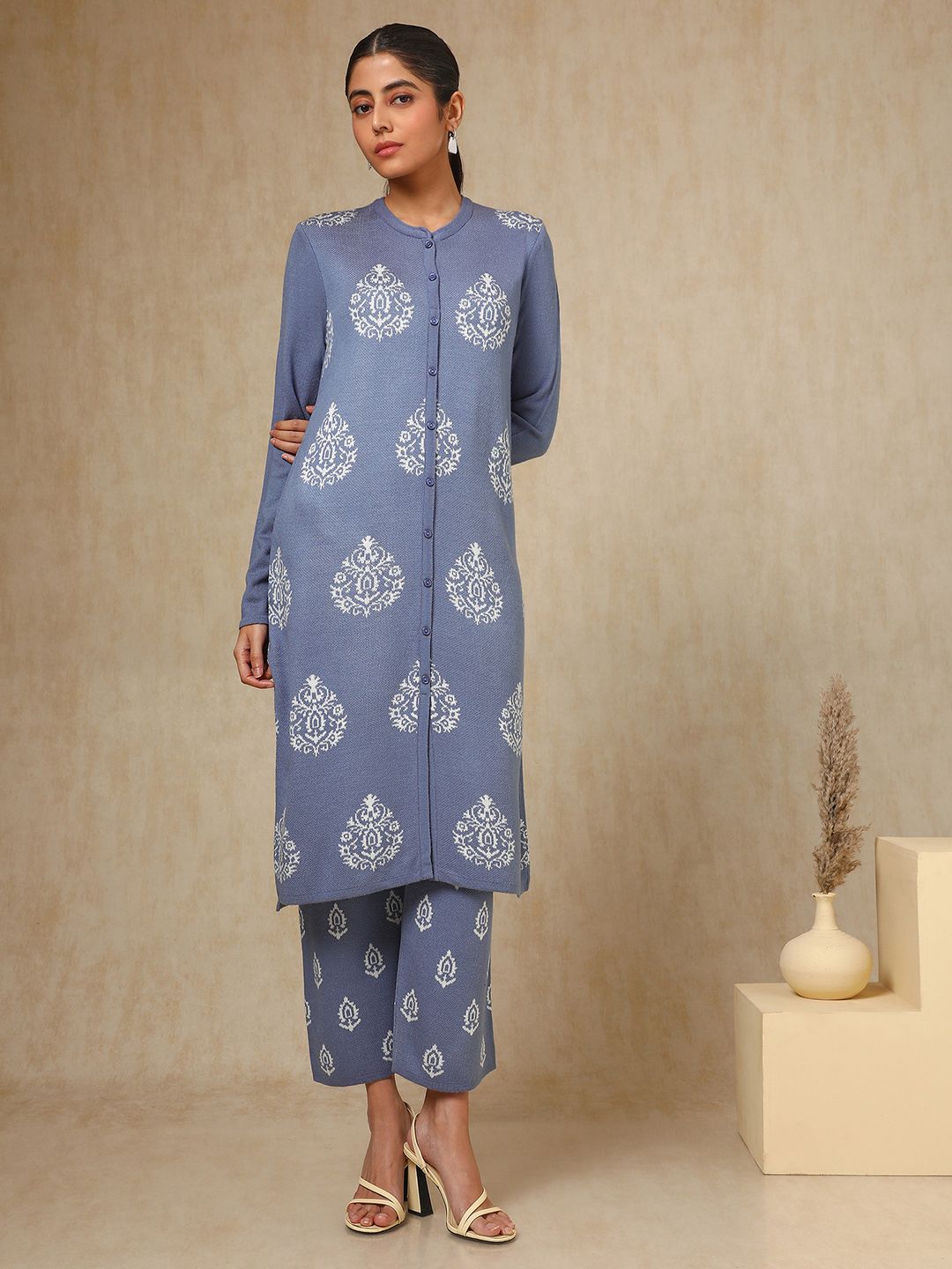 Dhiyona SO Women's Blue Ethnic Motifs Woven Design Acrylic Straight Kurta With Trouser