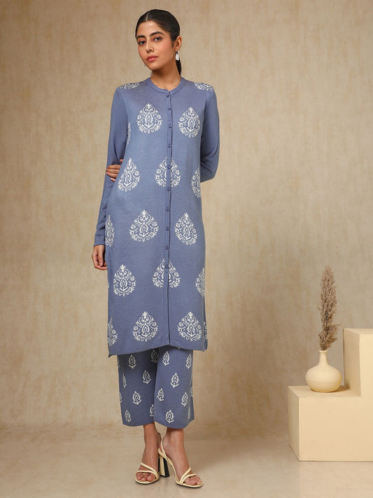 Dhiyona SO Women's Blue Ethnic Motifs Woven Design Acrylic Straight Kurta With Trouser