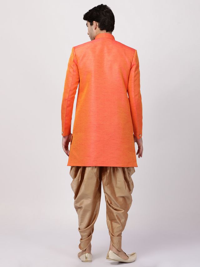 Men's Orange Silk Blend Straight Sherwani Set