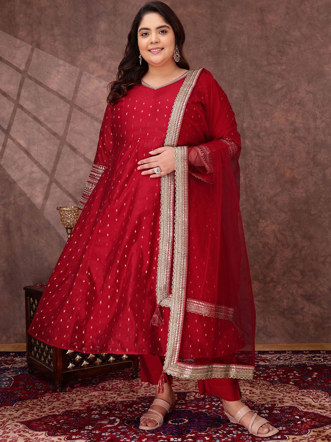 Dhiyona IN Woven Design V Neck A Line Chanderi Silk Kurta With Trousers & Dupatta