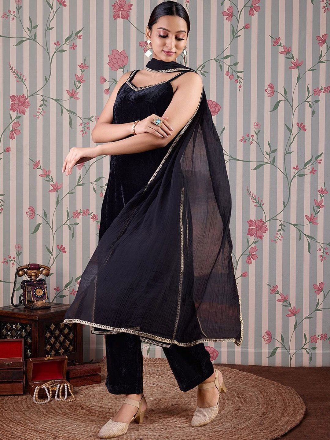 Dhiyona OD V Neck Gotta Patti Velvet Straight Kurta with Trousers & Dupatta