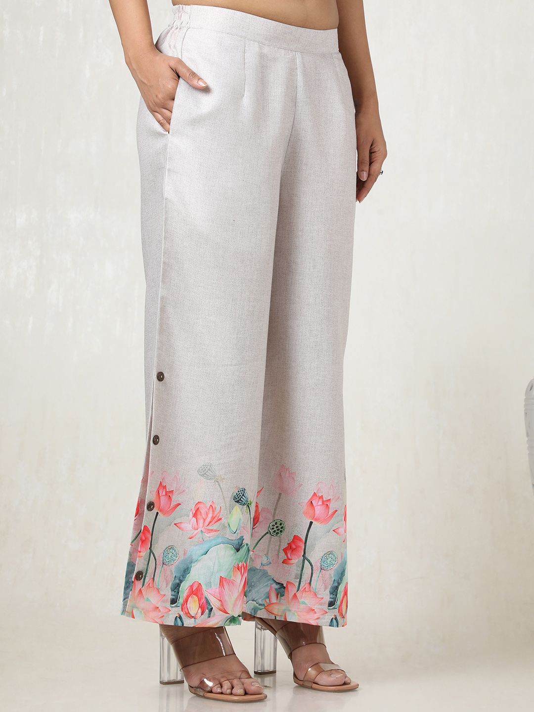 Dhiyona SO Women's Women Floral Printed Angrakha Linen Kurta with Palazzos